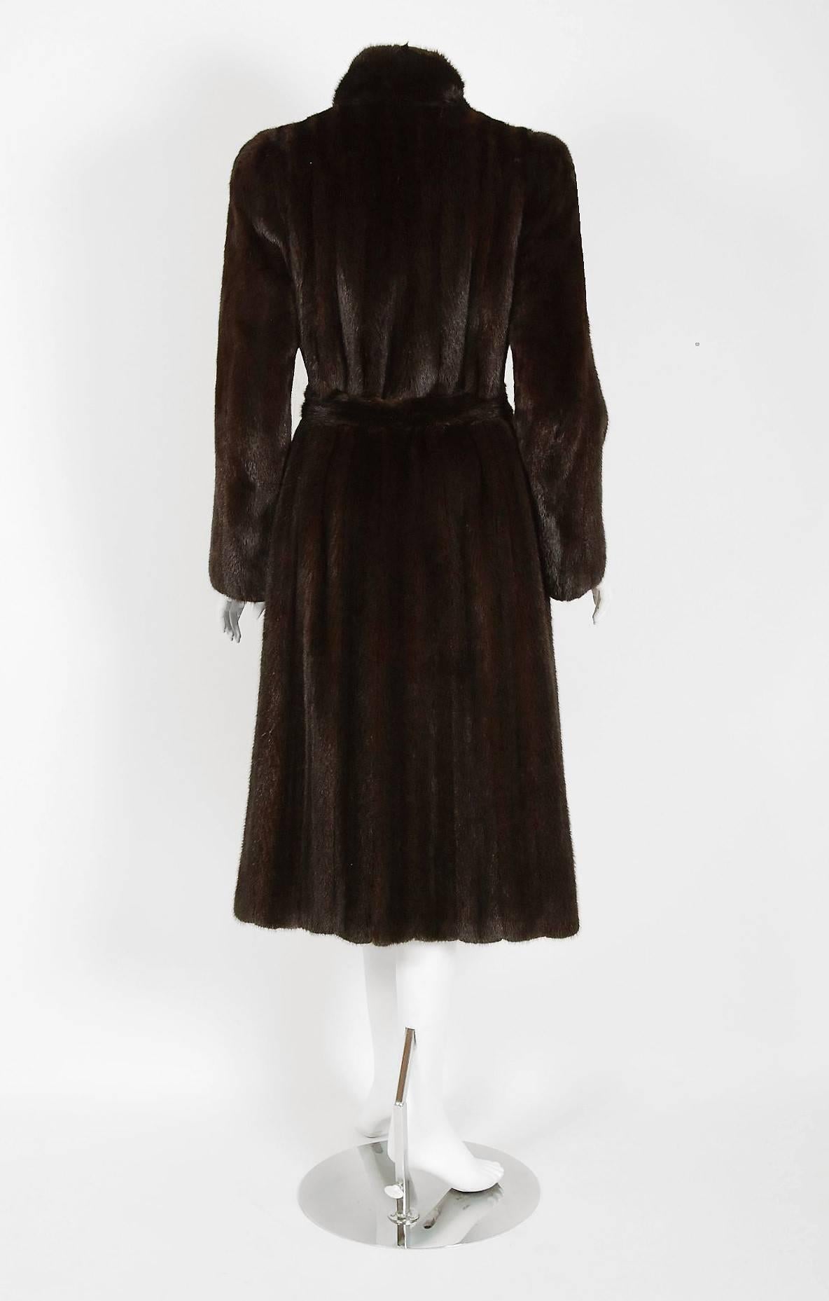 Women's or Men's 1970's Bill Blass Couture Dark-Brown Mink Fur Belted Russian Princess Coat 