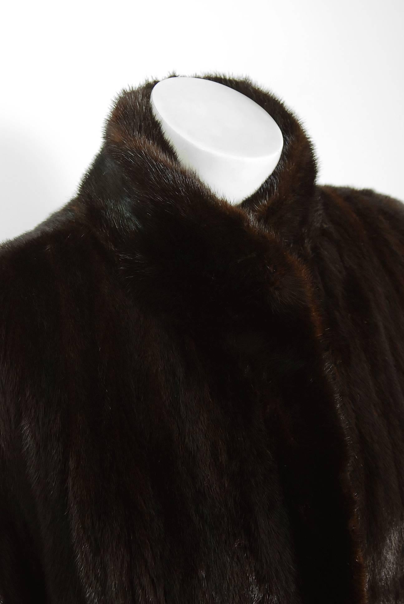 Black 1970's Bill Blass Couture Dark-Brown Mink Fur Belted Russian Princess Coat 