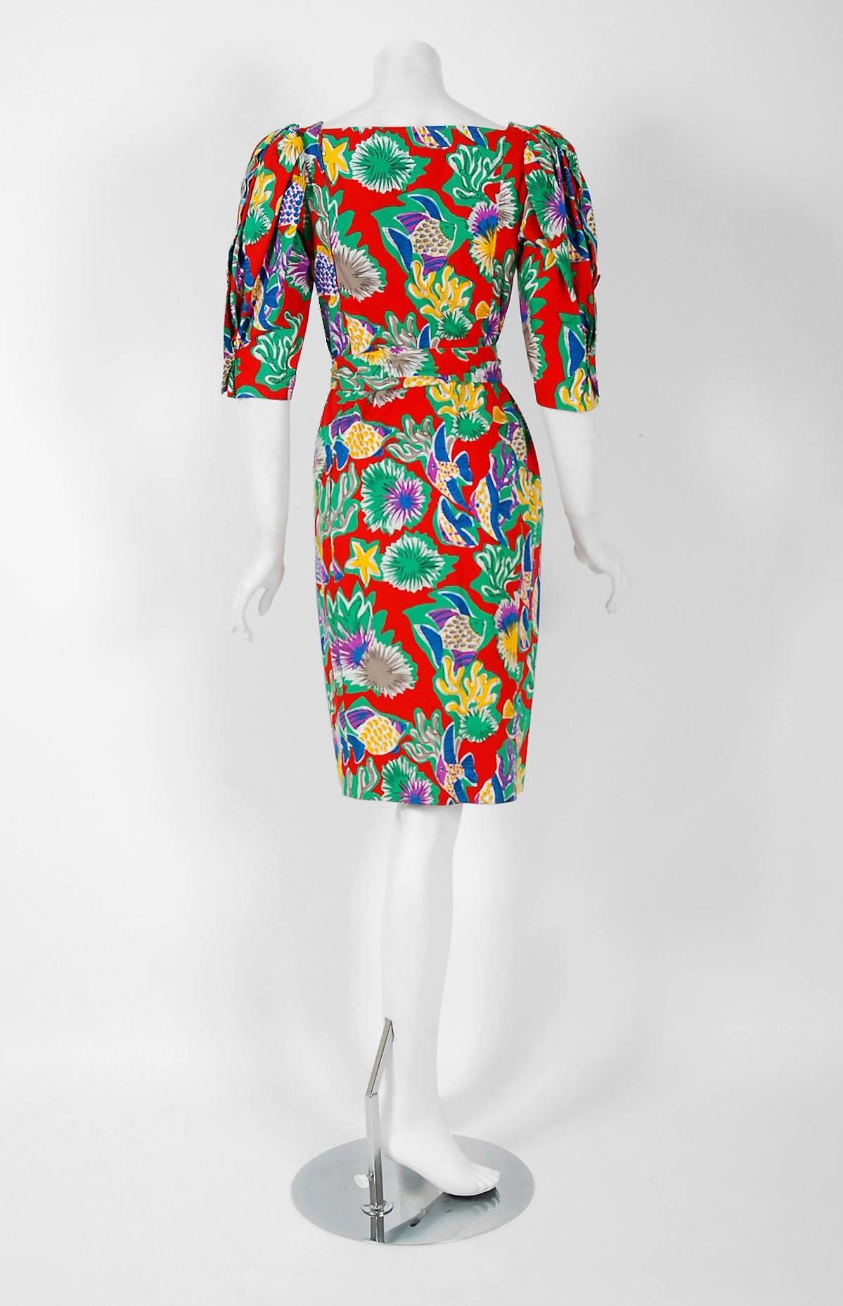 1981 Yves Saint Laurent Colorful Novelty Fish Print Cotton Puff-Sleeve Dress  1