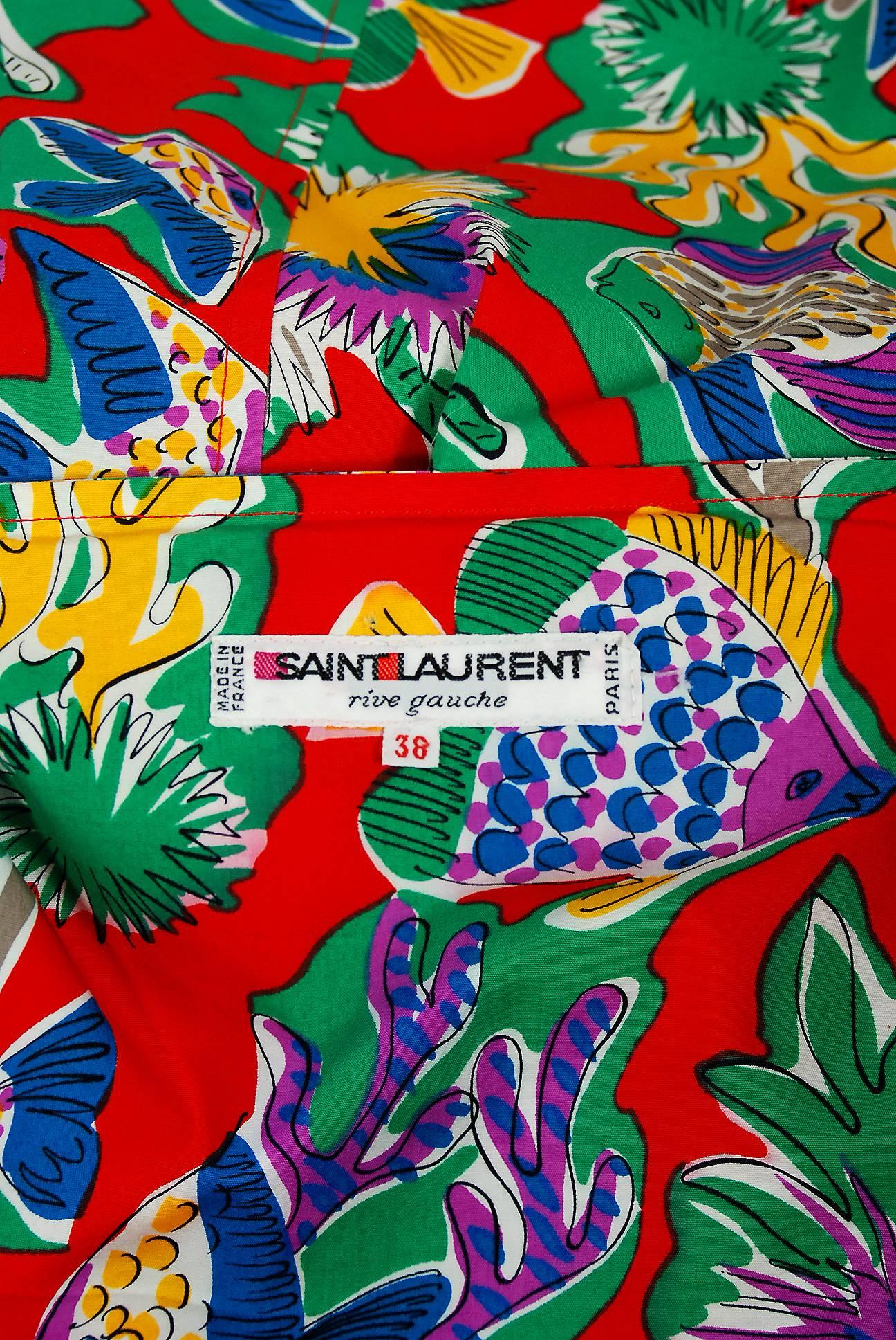1981 Yves Saint Laurent Colorful Novelty Fish Print Cotton Puff-Sleeve Dress  2