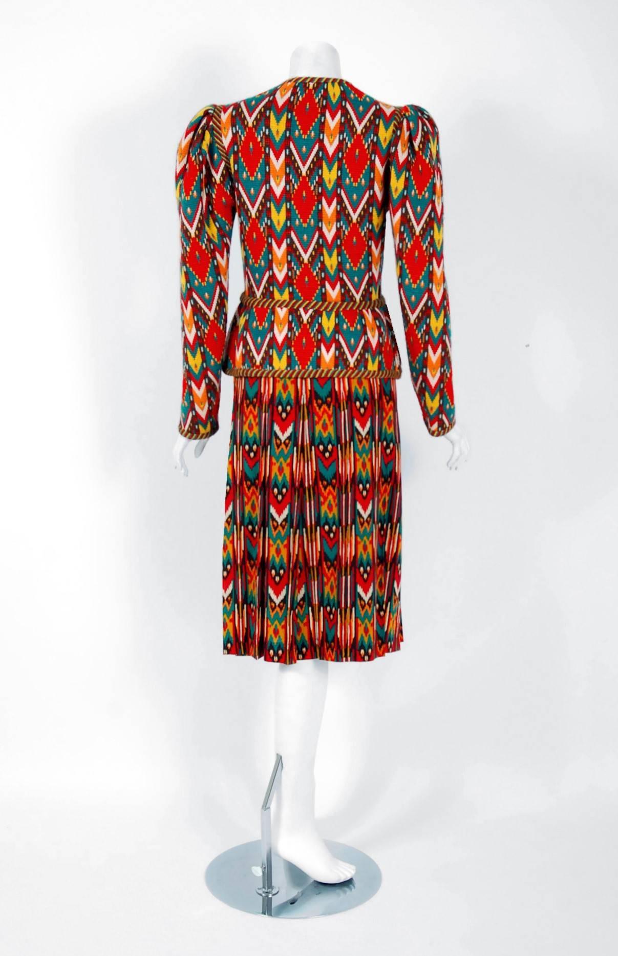 Women's 1979 Yves Saint Laurent Documented Navajo Ikat Wool Knit Peplum Jacket Skirt Set