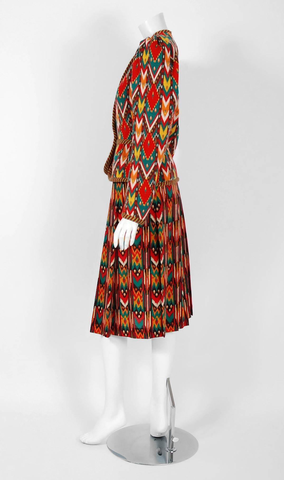 1979 Yves Saint Laurent Documented Navajo Ikat Wool Knit Peplum Jacket Skirt Set In Excellent Condition In Beverly Hills, CA