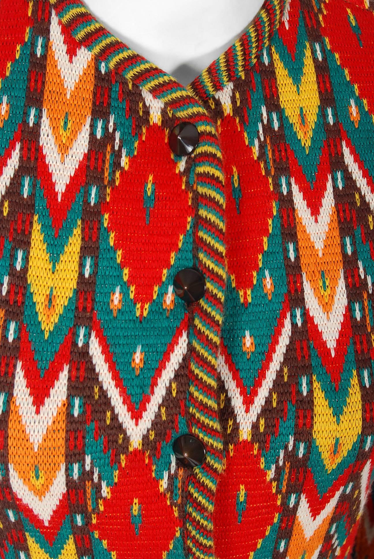 Brown 1979 Yves Saint Laurent Documented Navajo Ikat Wool Knit Peplum Jacket Skirt Set