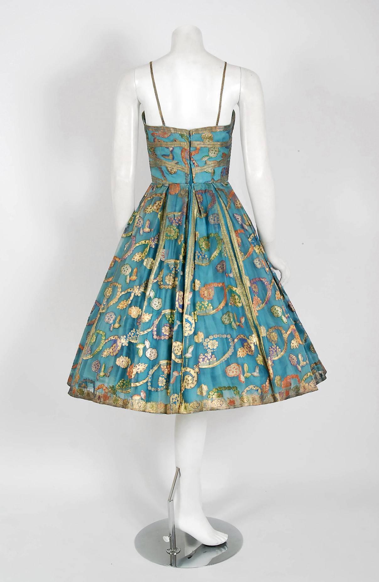 Gray 1950's Sophie Gimbel Metallic Turquoise Paisley Indian-Silk Full Party Dress