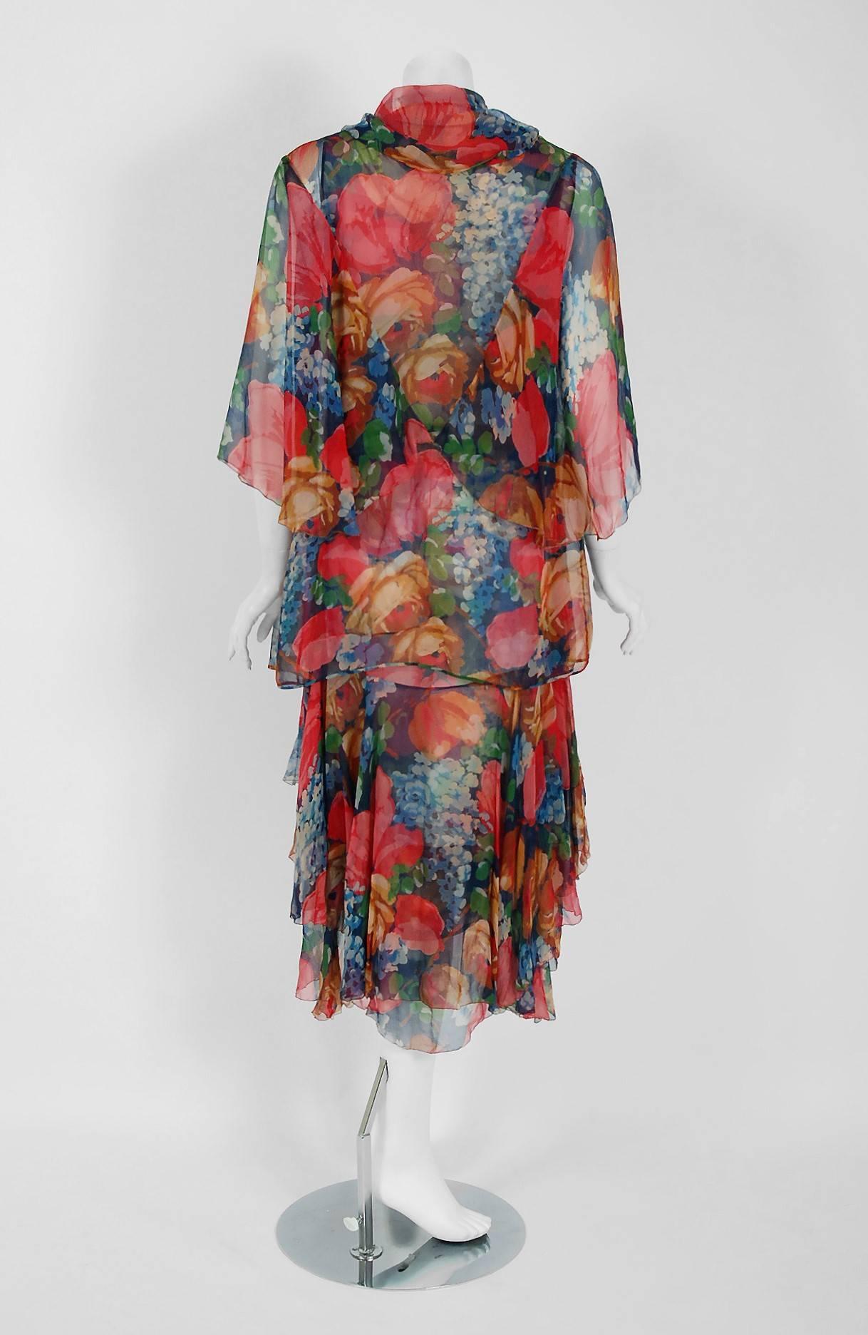 Women's 1920's Watercolor Floral-Garden Print Silk Chiffon Tiered Flapper Dress & Jacket