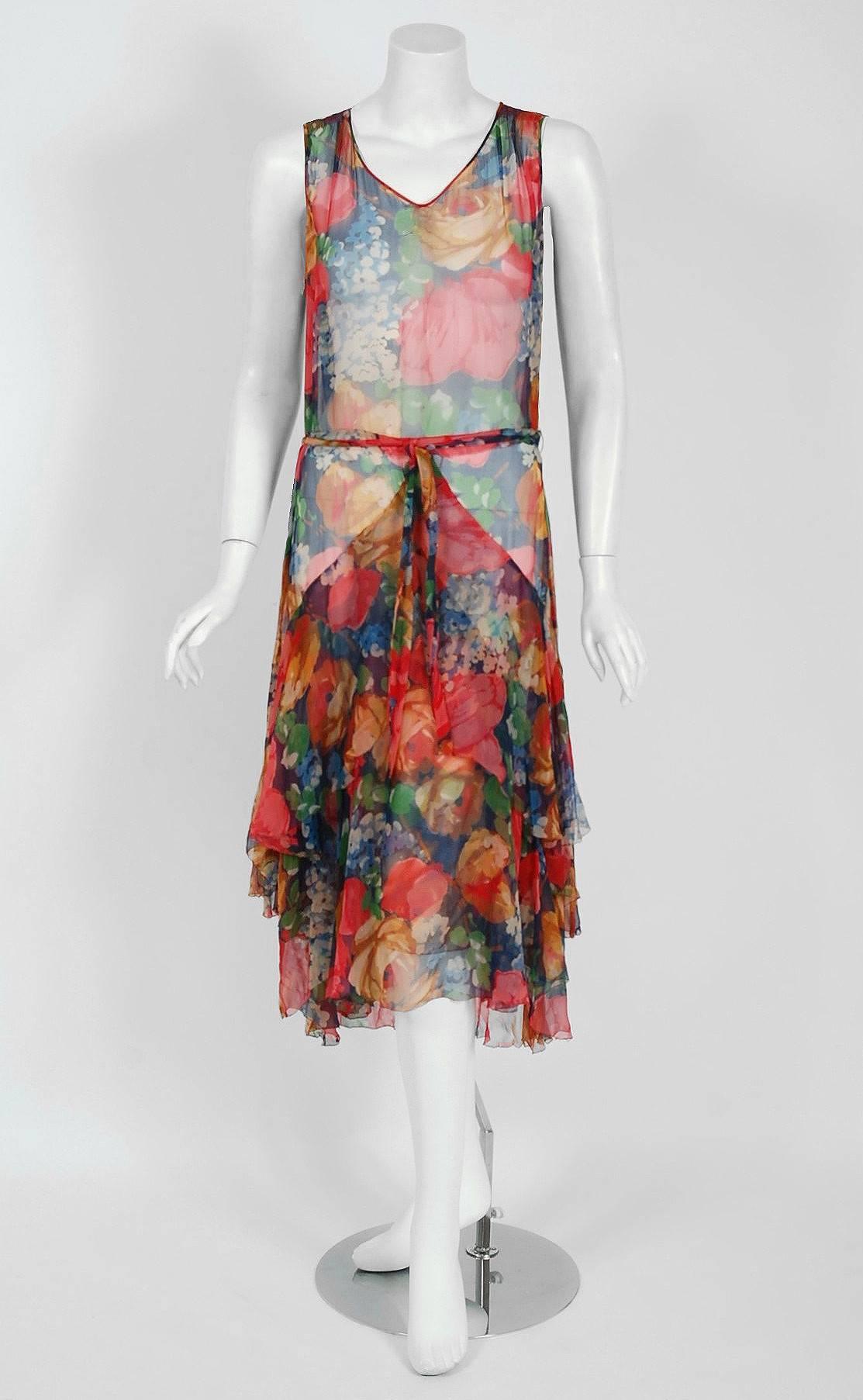 Brown 1920's Watercolor Floral-Garden Print Silk Chiffon Tiered Flapper Dress & Jacket