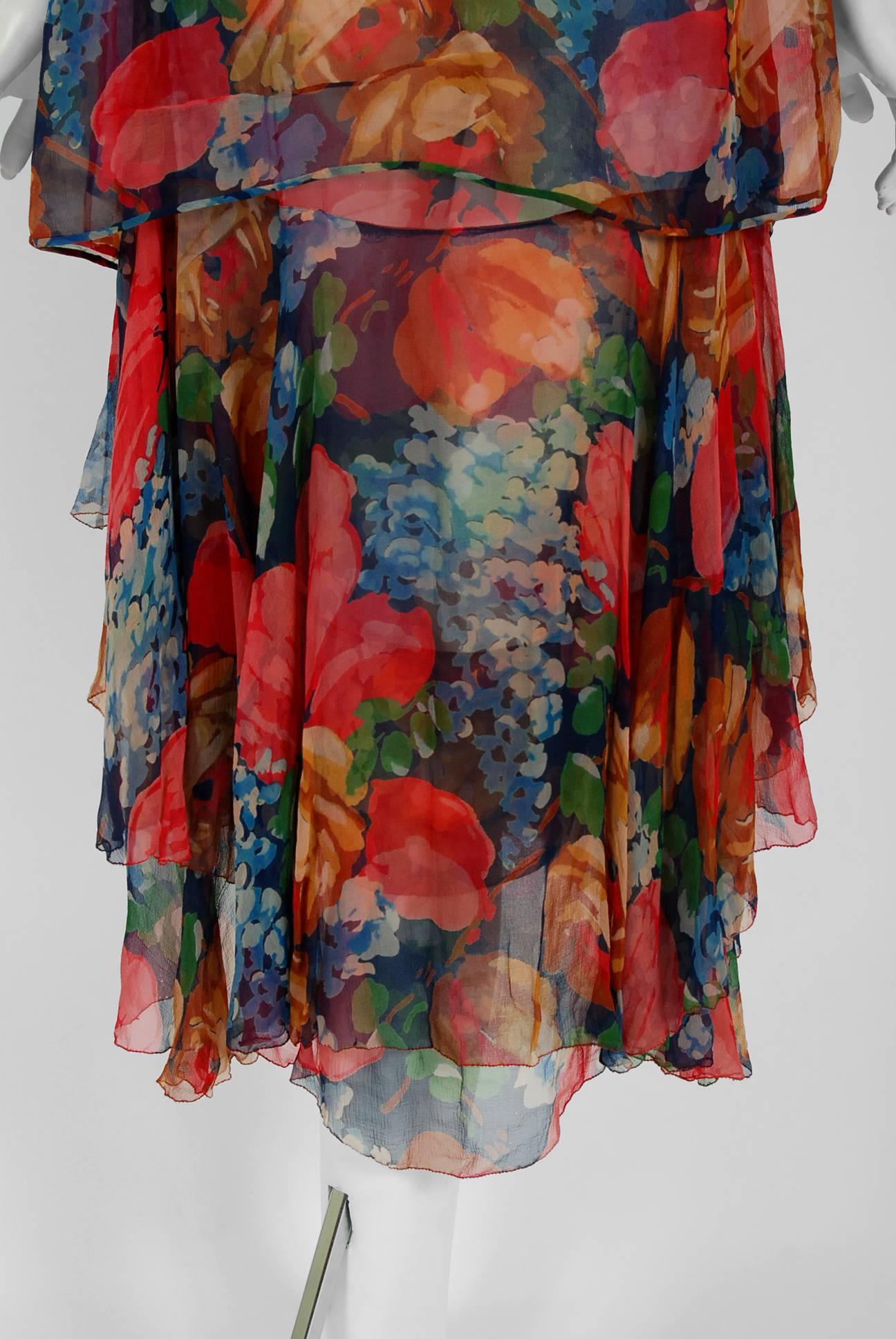 1920's Watercolor Floral-Garden Print Silk Chiffon Tiered Flapper Dress & Jacket In Excellent Condition In Beverly Hills, CA