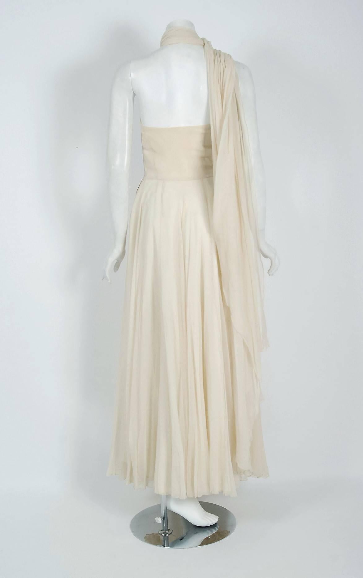 Beige Vintage 1940's Saks Fifth Avenue Creme Beaded Chiffon One-Shoulder Bridal Gown For Sale