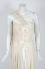 Vintage 1940's Saks Fifth Avenue Creme Beaded Chiffon One-Shoulder Bridal Gown