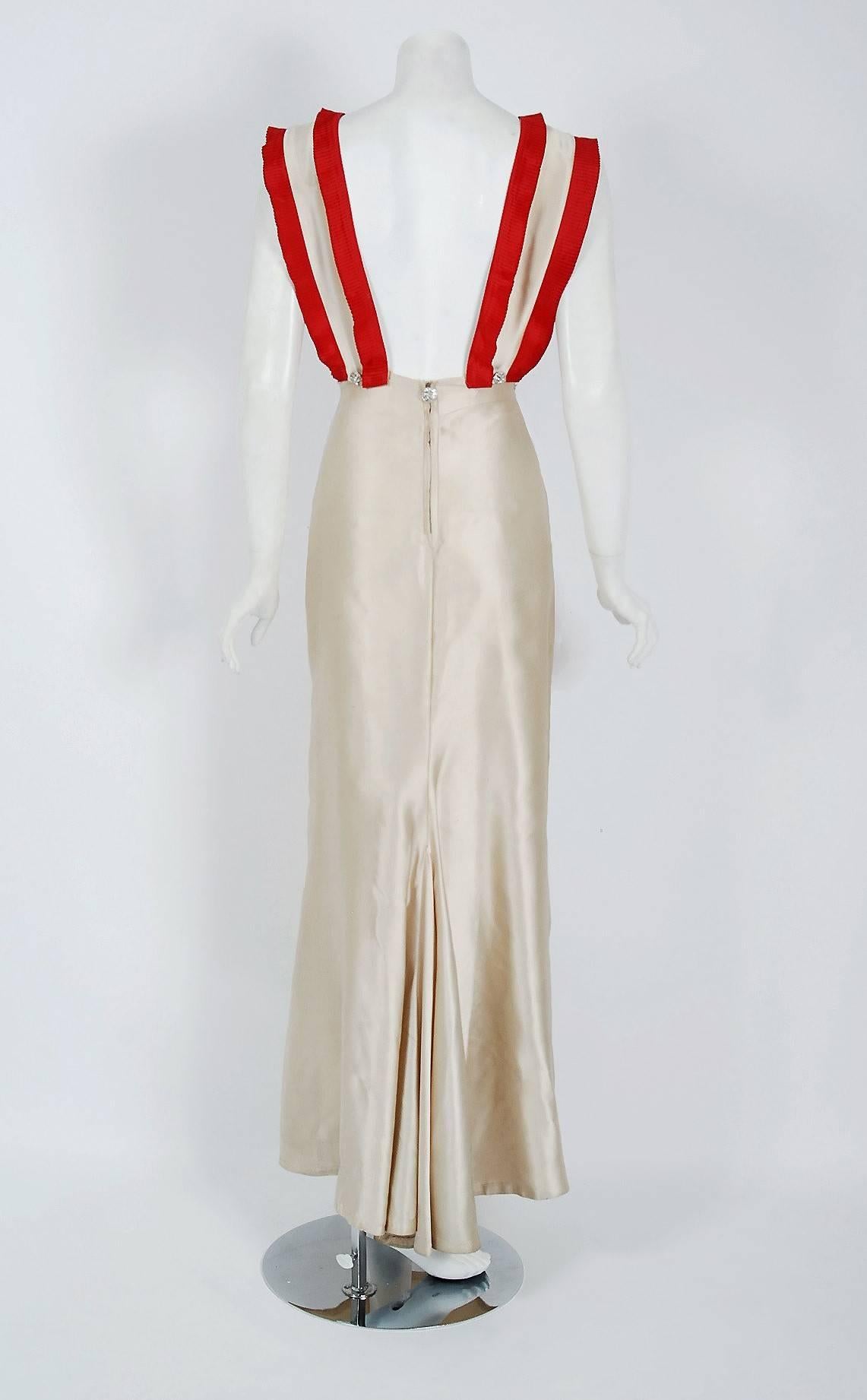 Women's 1930's Elegant Ivory & Red Silk-Satin Backless Deco Ruffle-Bib Fishtail Gown