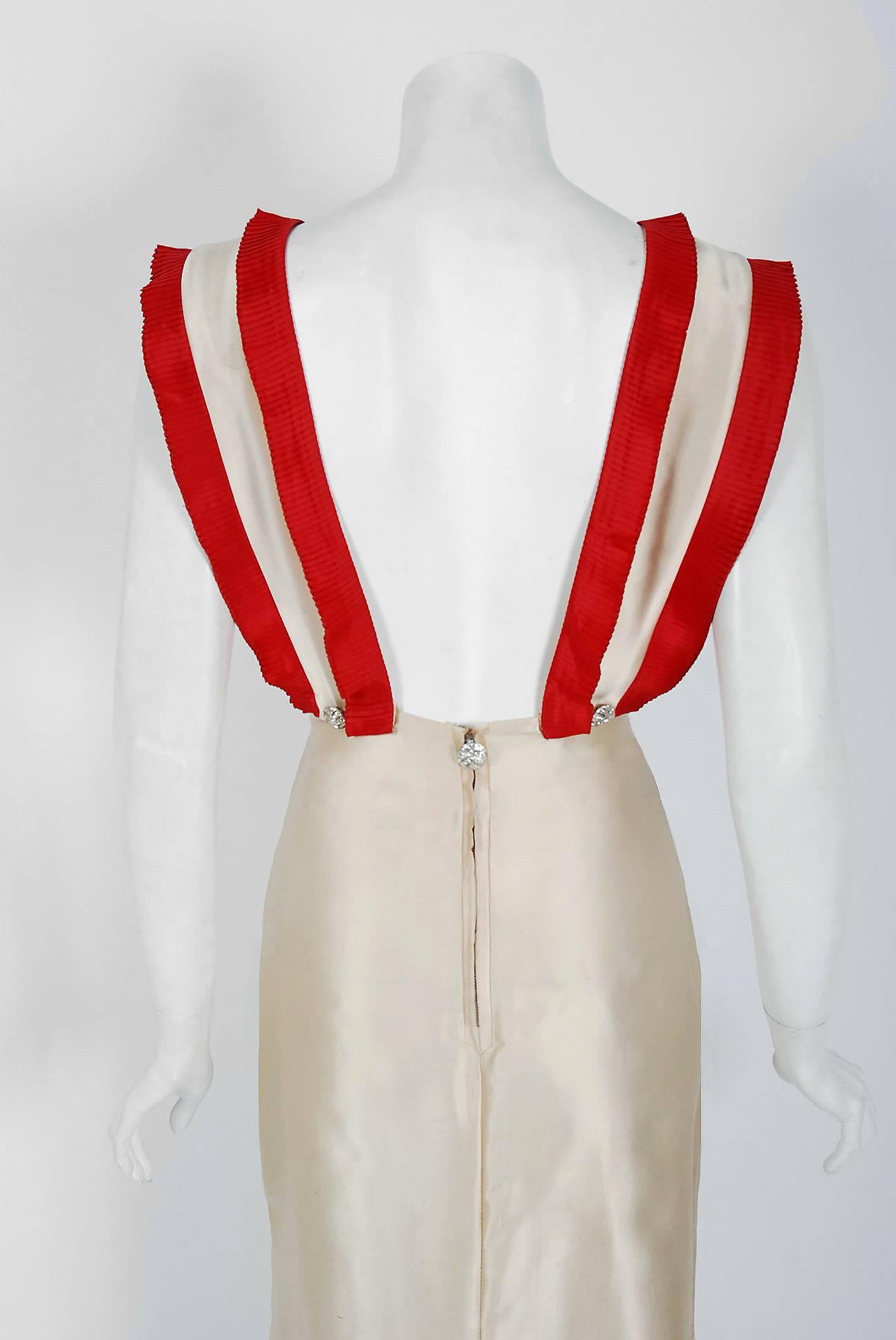 1930's Elegant Ivory & Red Silk-Satin Backless Deco Ruffle-Bib Fishtail Gown 1