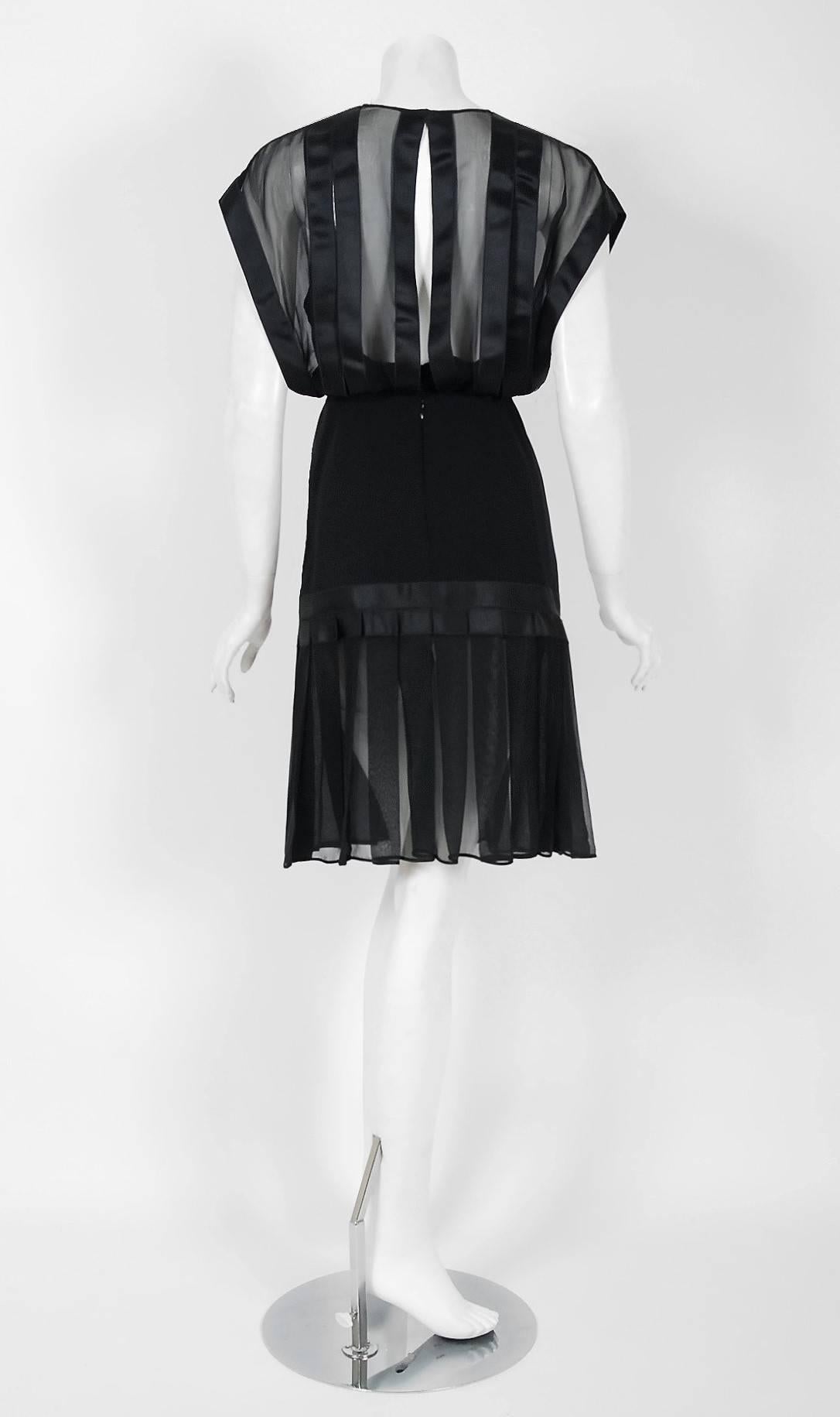 Women's 1990's Galanos Black Chiffon & Satin Illusion Cut-Out Pleated Cocktail Dress 