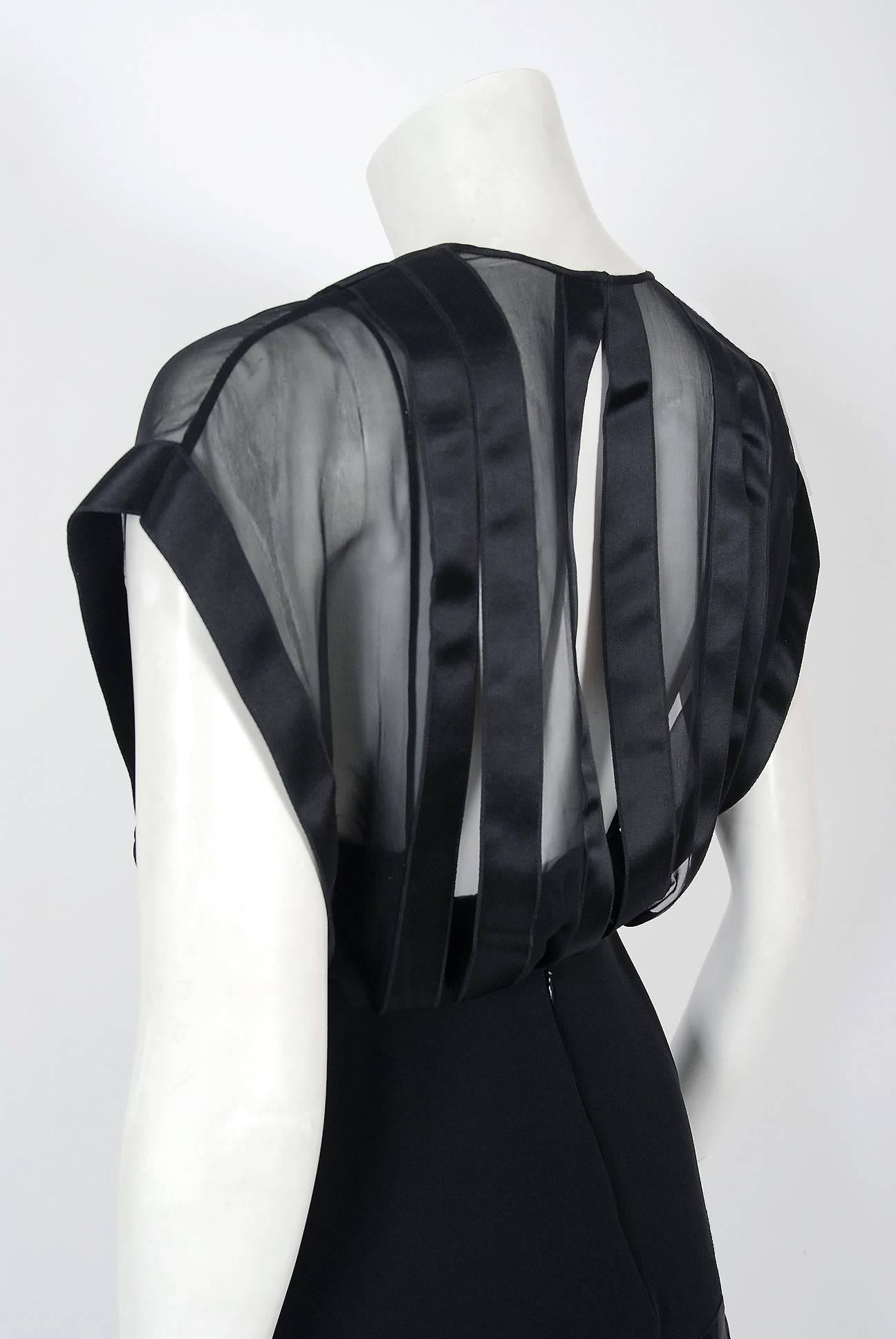 1990's Galanos Black Chiffon & Satin Illusion Cut-Out Pleated Cocktail Dress  1