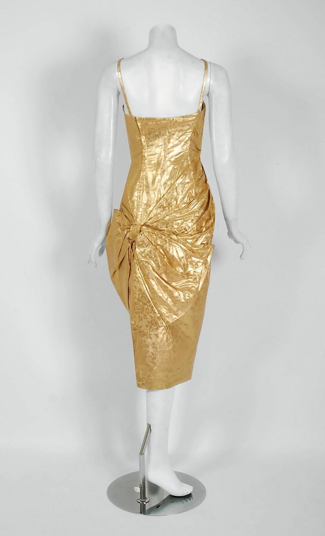Brown 1950's Beaumelle Metallic-Gold Ruched Lame Silk Sculpted Bow Cocktail Dress