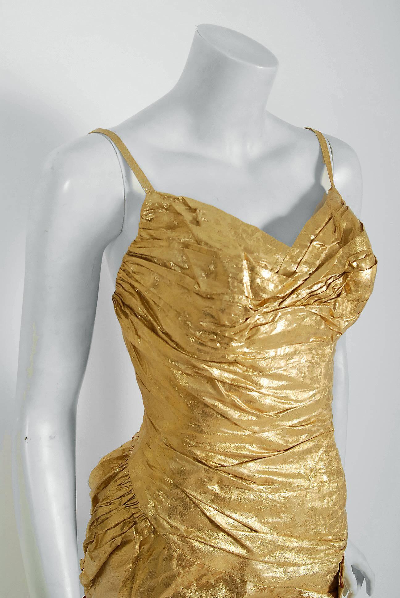 1950's Beaumelle Metallic-Gold Ruched Lame Silk Sculpted Bow Cocktail ...