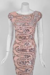 1950's Gene Shelly Pale-Pink Silver Beaded Sequin Atomic Wool-Knit Evening Gown