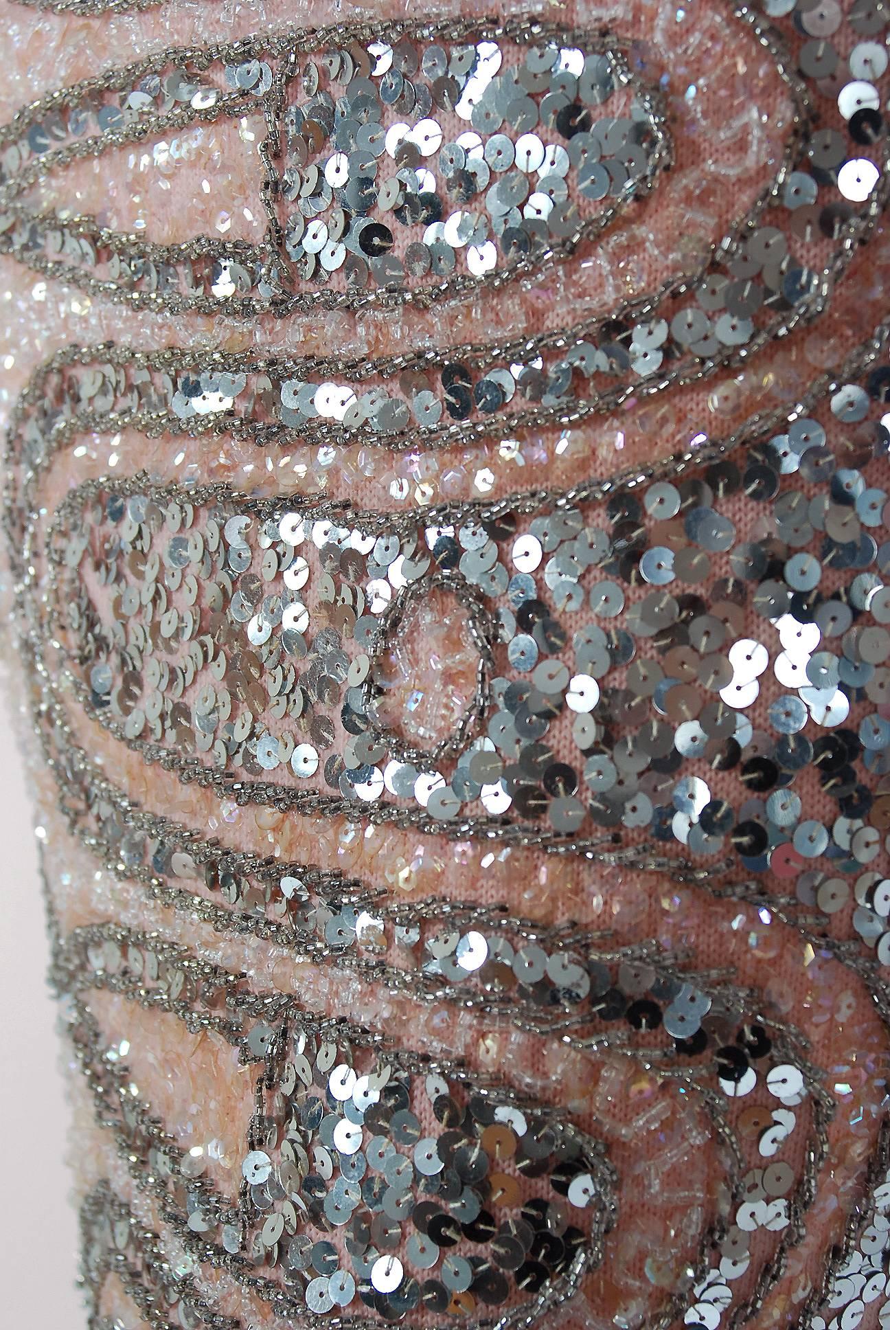 Brown 1950's Gene Shelly Pale-Pink Silver Beaded Sequin Atomic Wool-Knit Evening Gown