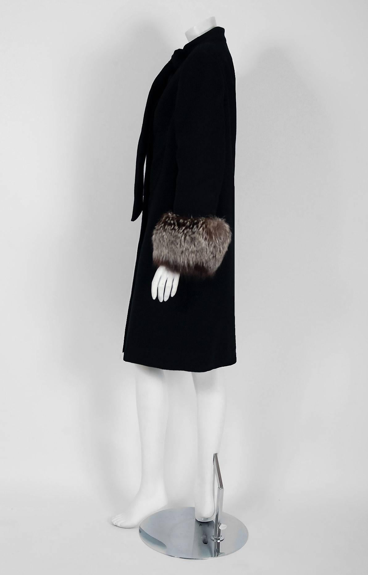 1965 Pierre Cardin Black Wool & Silver-Fox Fur Bow-Collar Tailored Jacket Coat 1