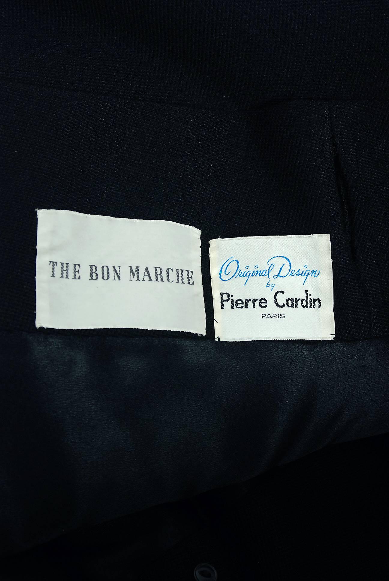 1965 Pierre Cardin Black Wool & Silver-Fox Fur Bow-Collar Tailored Jacket Coat 3