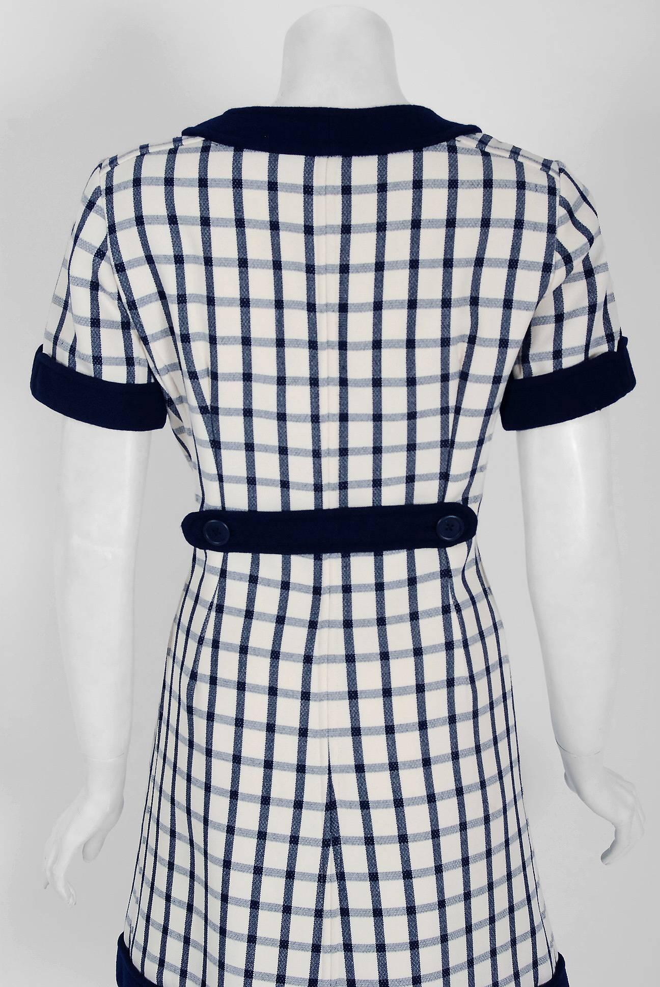 Women's 1967 Courreges Couture Navy-Blue Ivory Checkered Wool Mod Space-Age Mini Dress