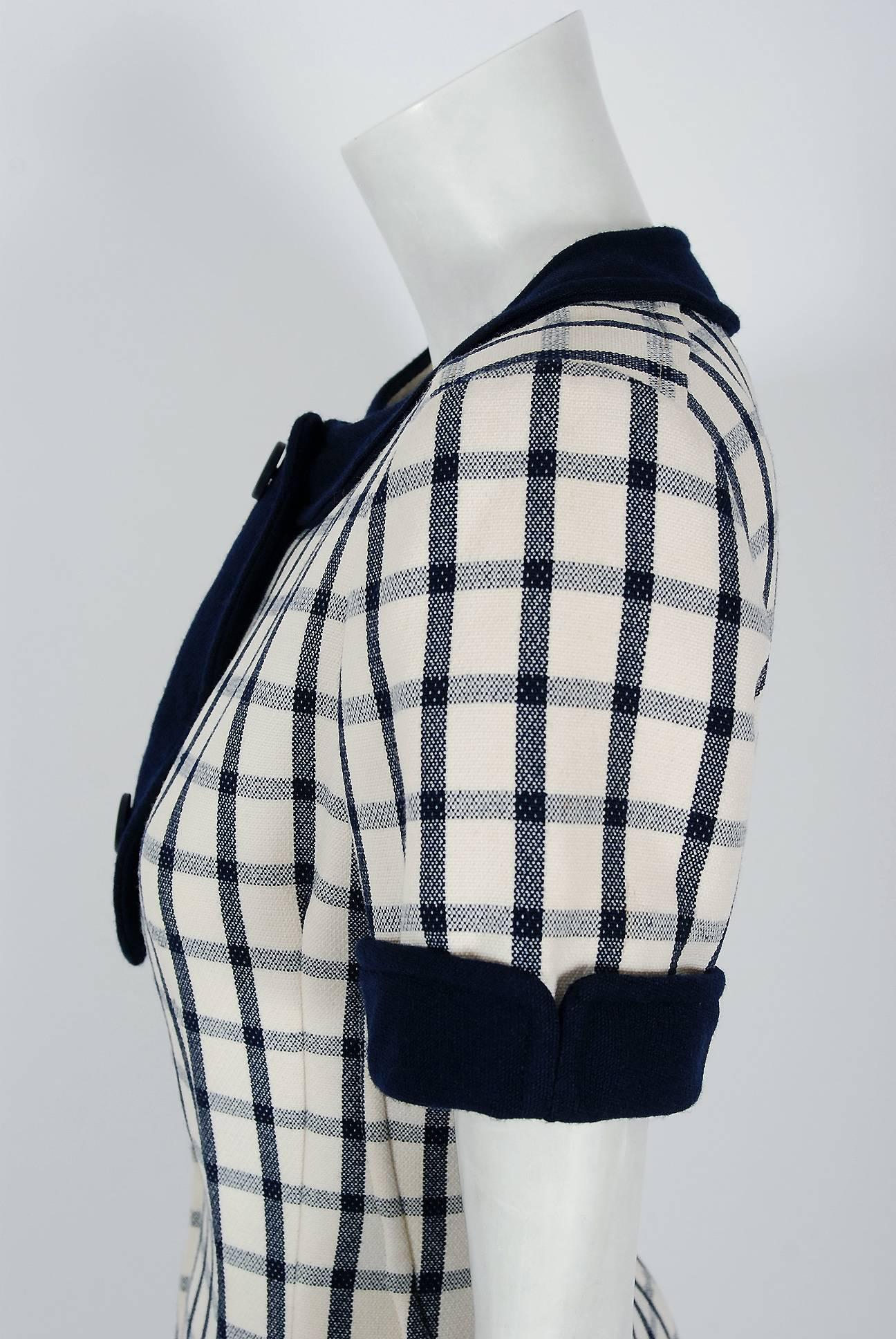 Gray 1967 Courreges Couture Navy-Blue Ivory Checkered Wool Mod Space-Age Mini Dress