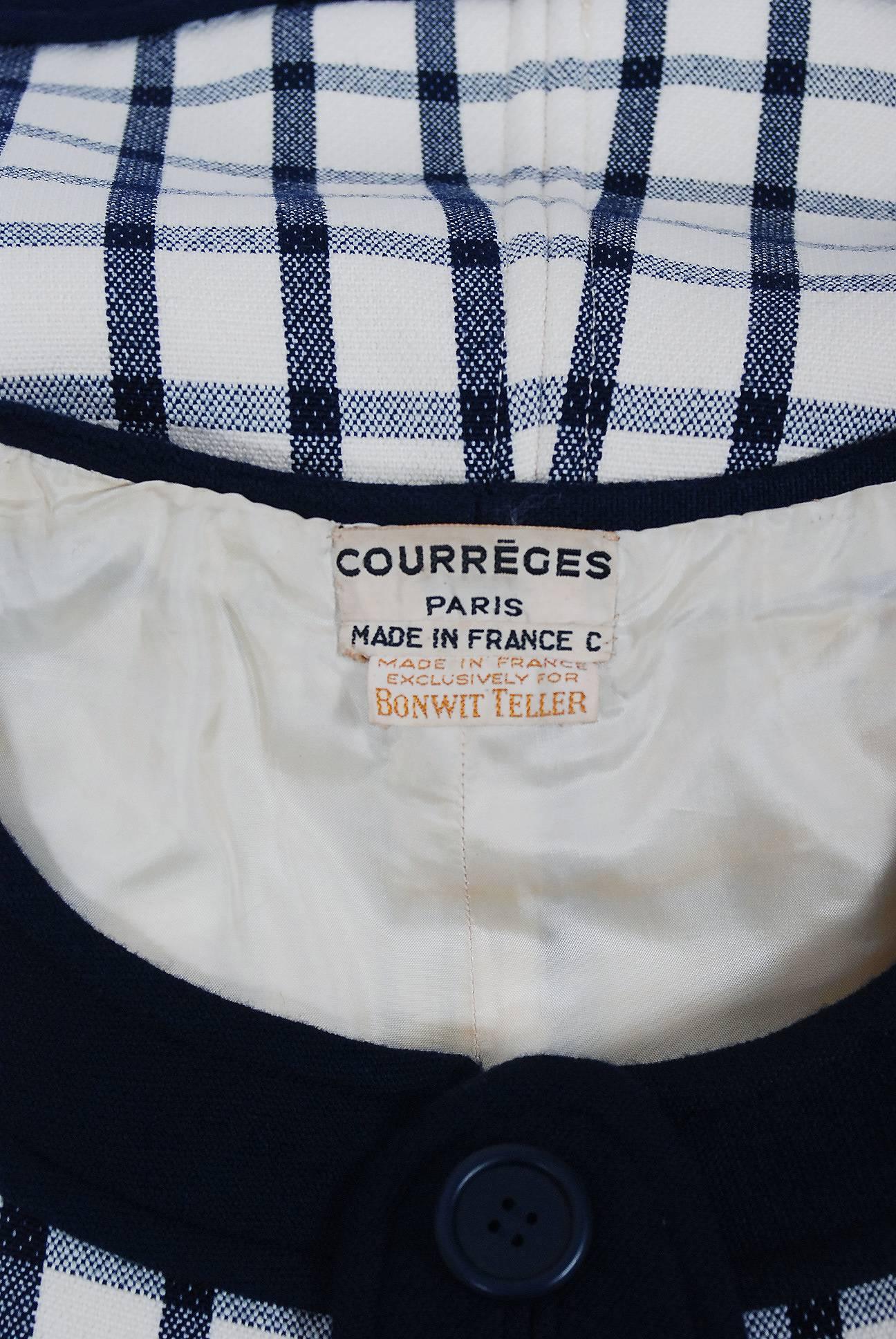 1967 Courreges Couture Navy-Blue Ivory Checkered Wool Mod Space-Age Mini Dress 1