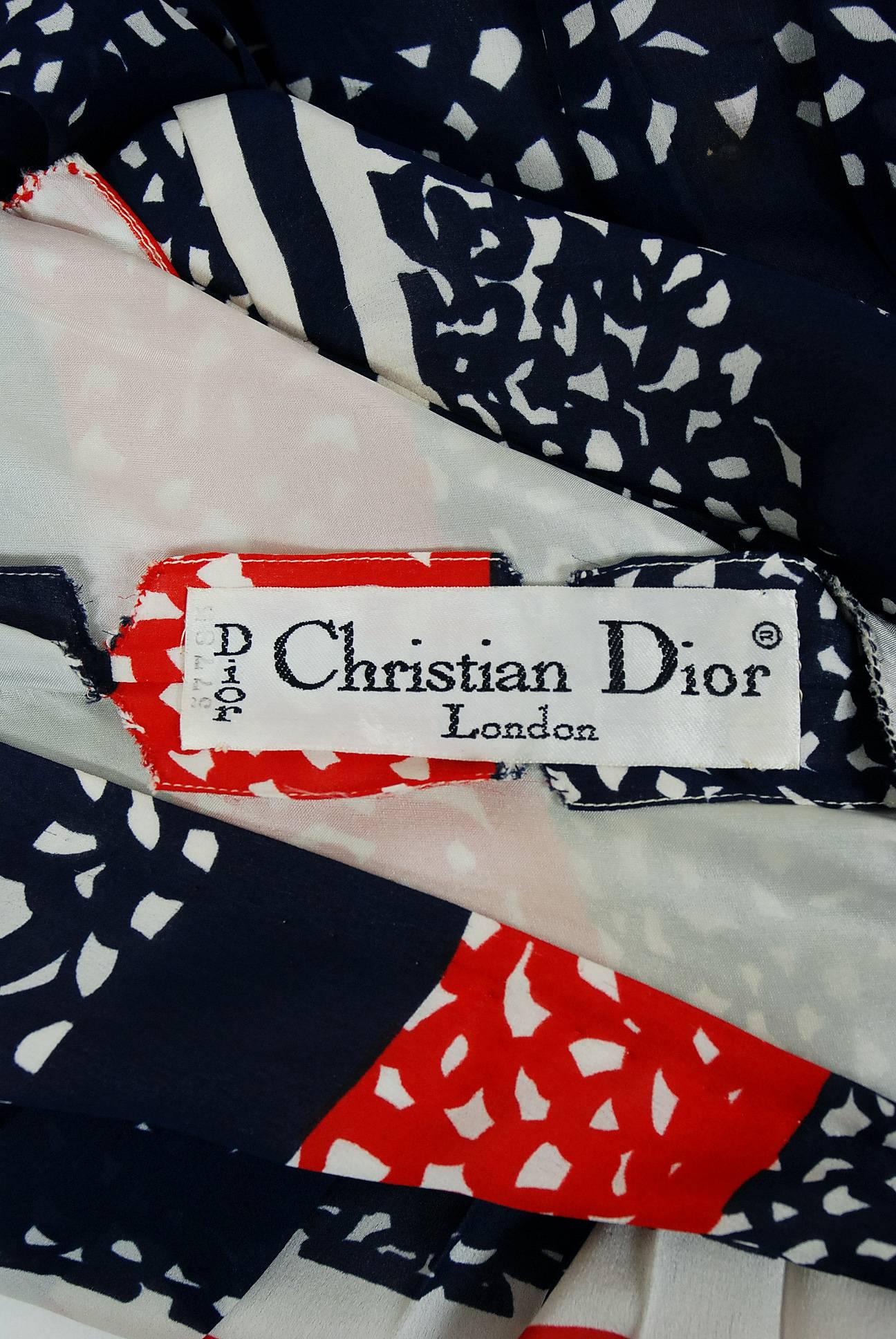 Black Vintage 1968 Christian Dior Couture London Stripe Silk Pleated Drop-Waist Dress For Sale