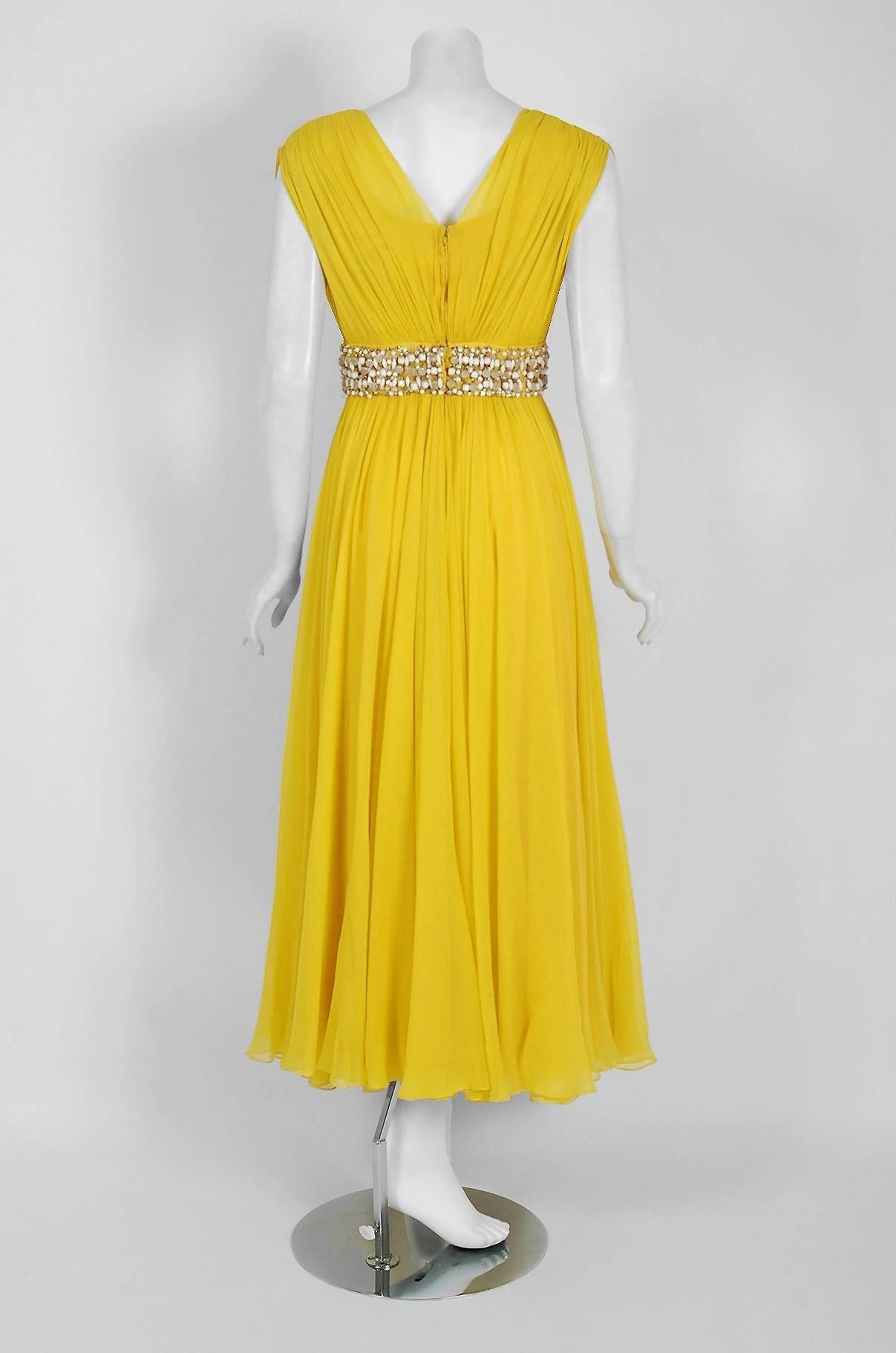 Vintage 1960's Bob Bugnand Bright Yellow Draped Silk Chiffon Beaded Goddess Gown 2