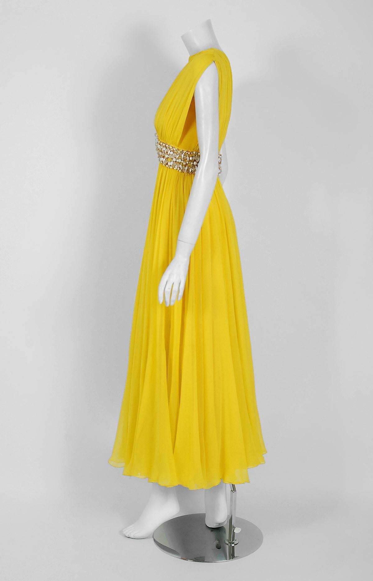 Vintage 1960's Bob Bugnand Bright Yellow Draped Silk Chiffon Beaded Goddess Gown 1