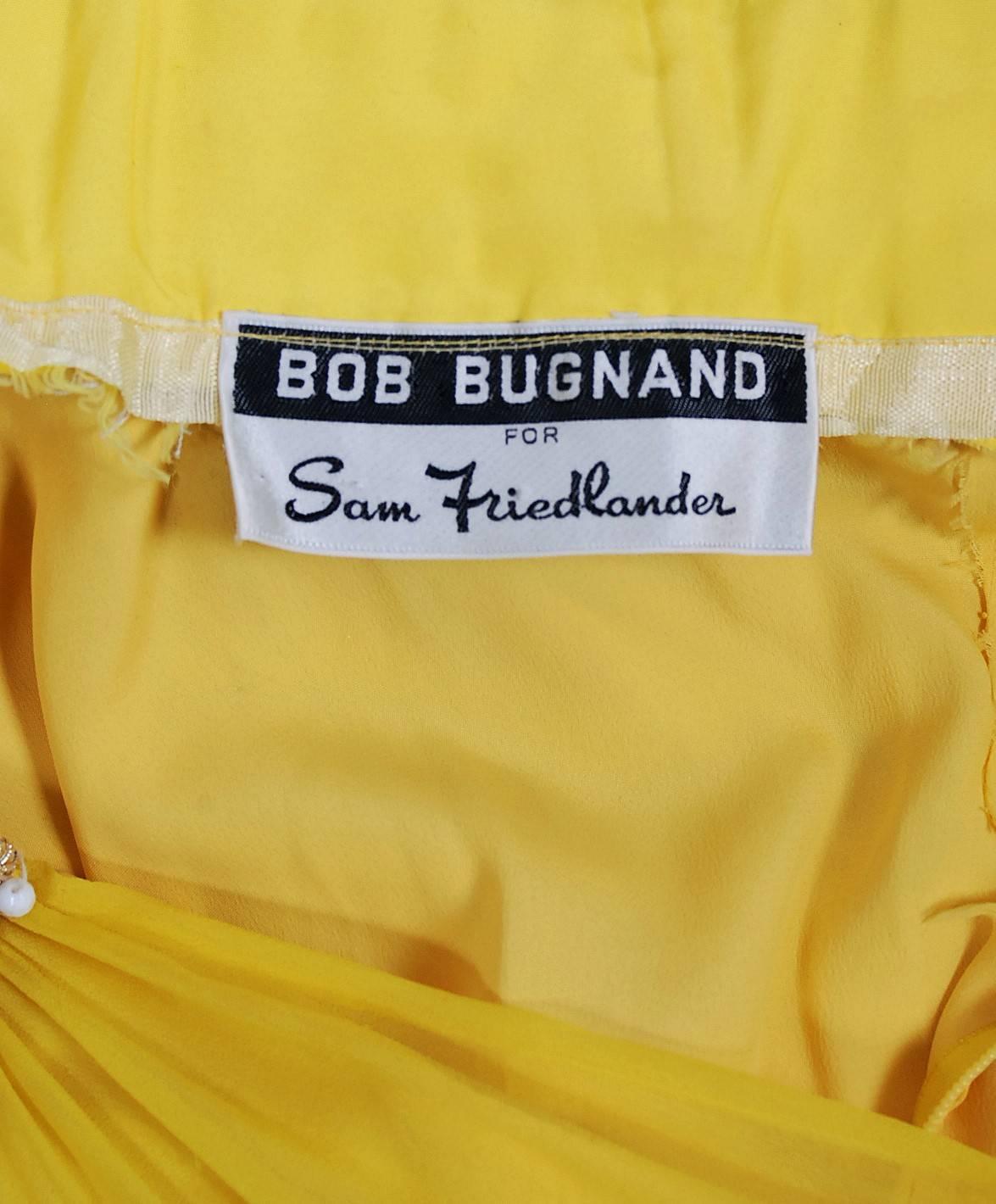 Vintage 1960's Bob Bugnand Bright Yellow Draped Silk Chiffon Beaded Goddess Gown 3