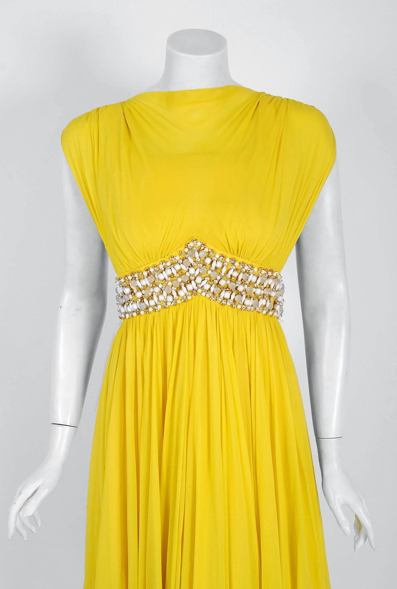 Vintage 1960's Bob Bugnand Bright Yellow Draped Silk Chiffon Beaded Goddess Gown In Good Condition In Beverly Hills, CA