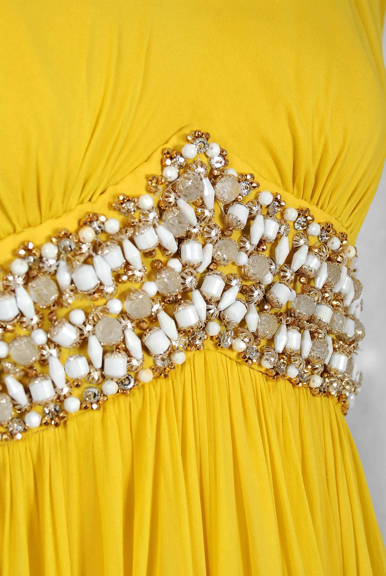 Women's Vintage 1960's Bob Bugnand Bright Yellow Draped Silk Chiffon Beaded Goddess Gown
