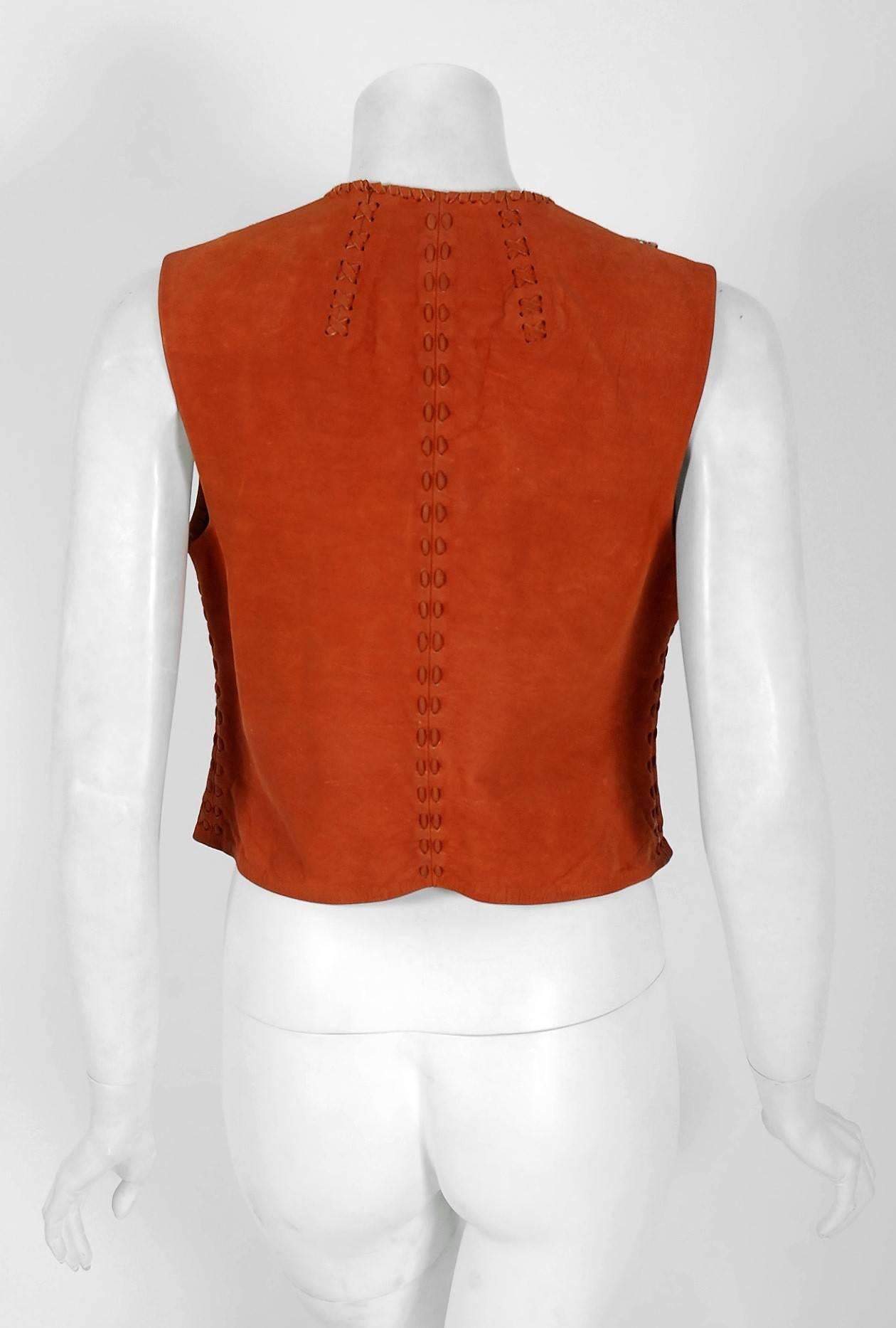 Women's or Men's 1970's Char Handpainted Whipstitched Leather Suede & Lace Bohemian Hippie Vest