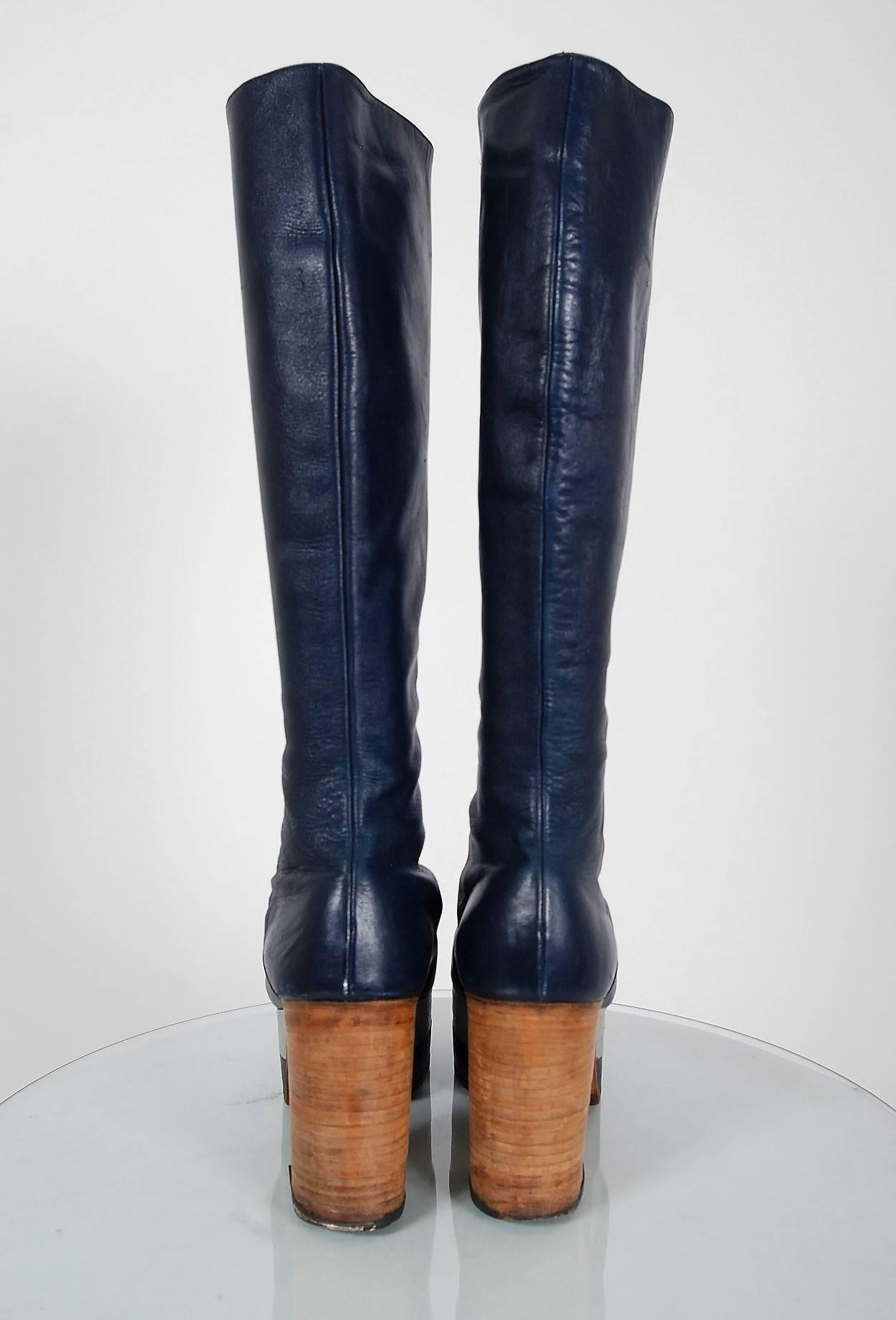 1970's Blue & Silver Leather Novelty Hearts Knee-High Platform Glam-Rock Boots 1