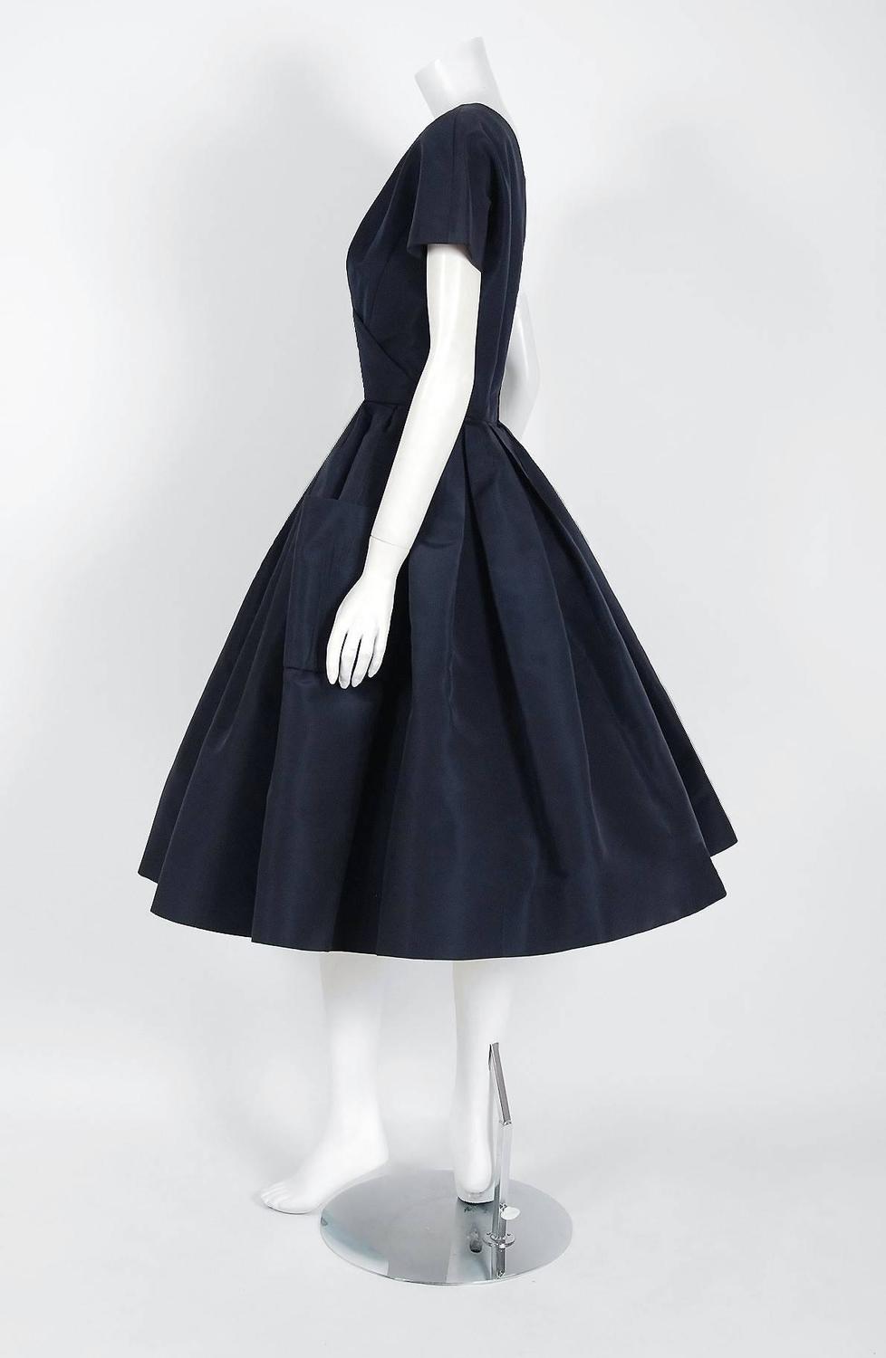 1954 Christian Dior Original Navy Blue Silk Pockets Low-Plunge 