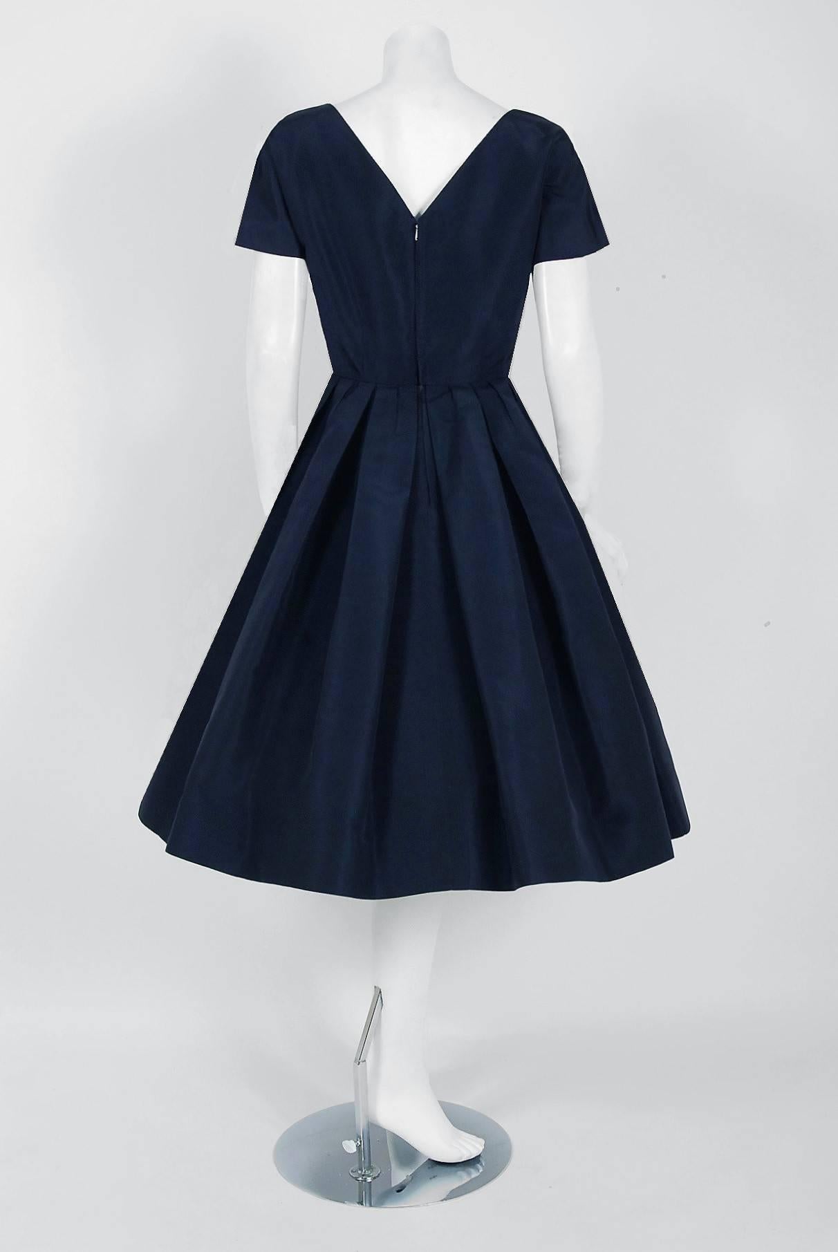 Black 1954 Christian Dior Original Navy Blue Silk Pockets Low-Plunge Full Skirt Dress