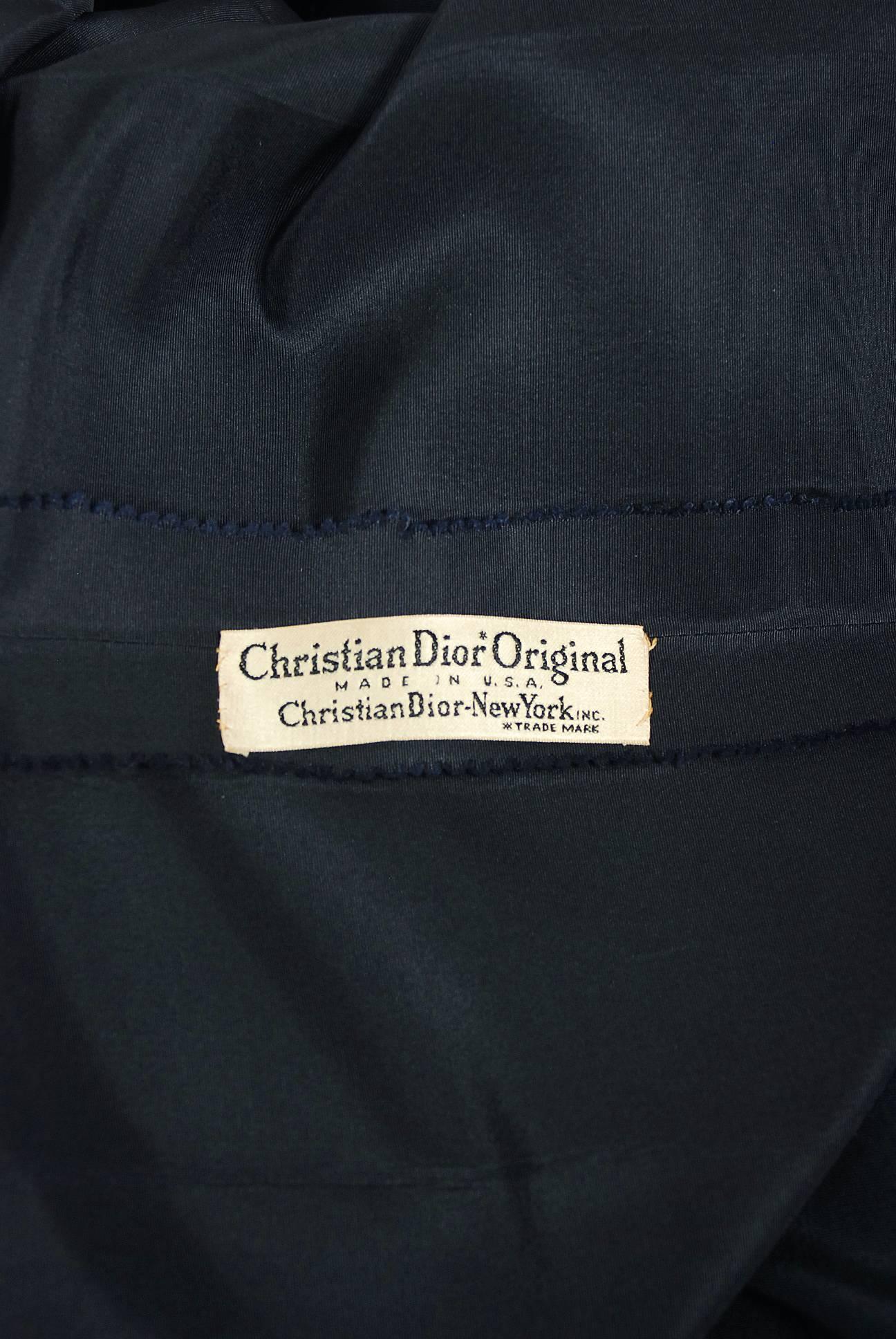 1954 Christian Dior Original Navy Blue Silk Pockets Low-Plunge Full Skirt Dress In Excellent Condition In Beverly Hills, CA