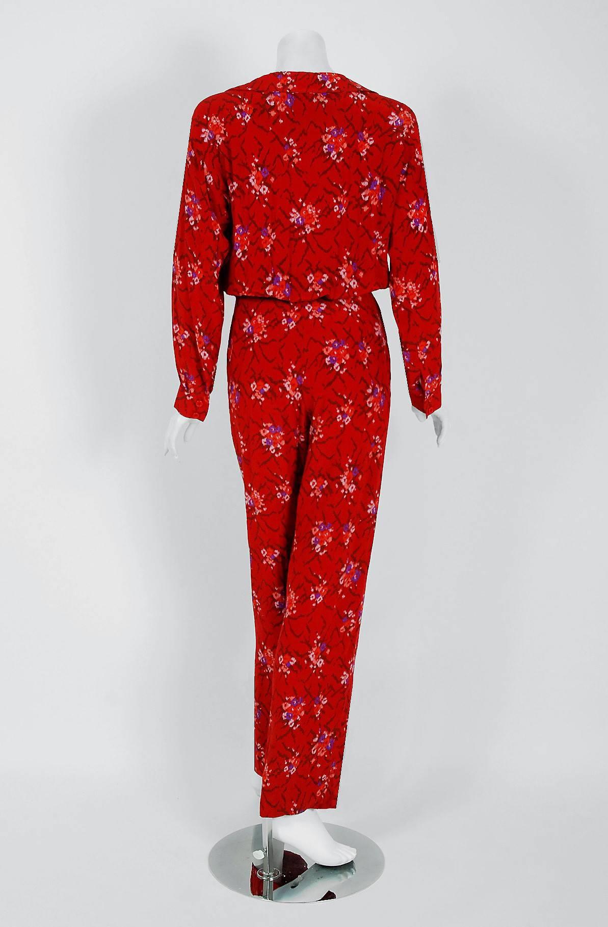 1977 Lanvin Haute-Couture Graphic Red Floral Silk Pleated Blouson Jumpsuit 1
