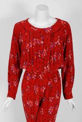 1977 Lanvin Haute-Couture Graphic Red Floral Silk Pleated Blouson Jumpsuit