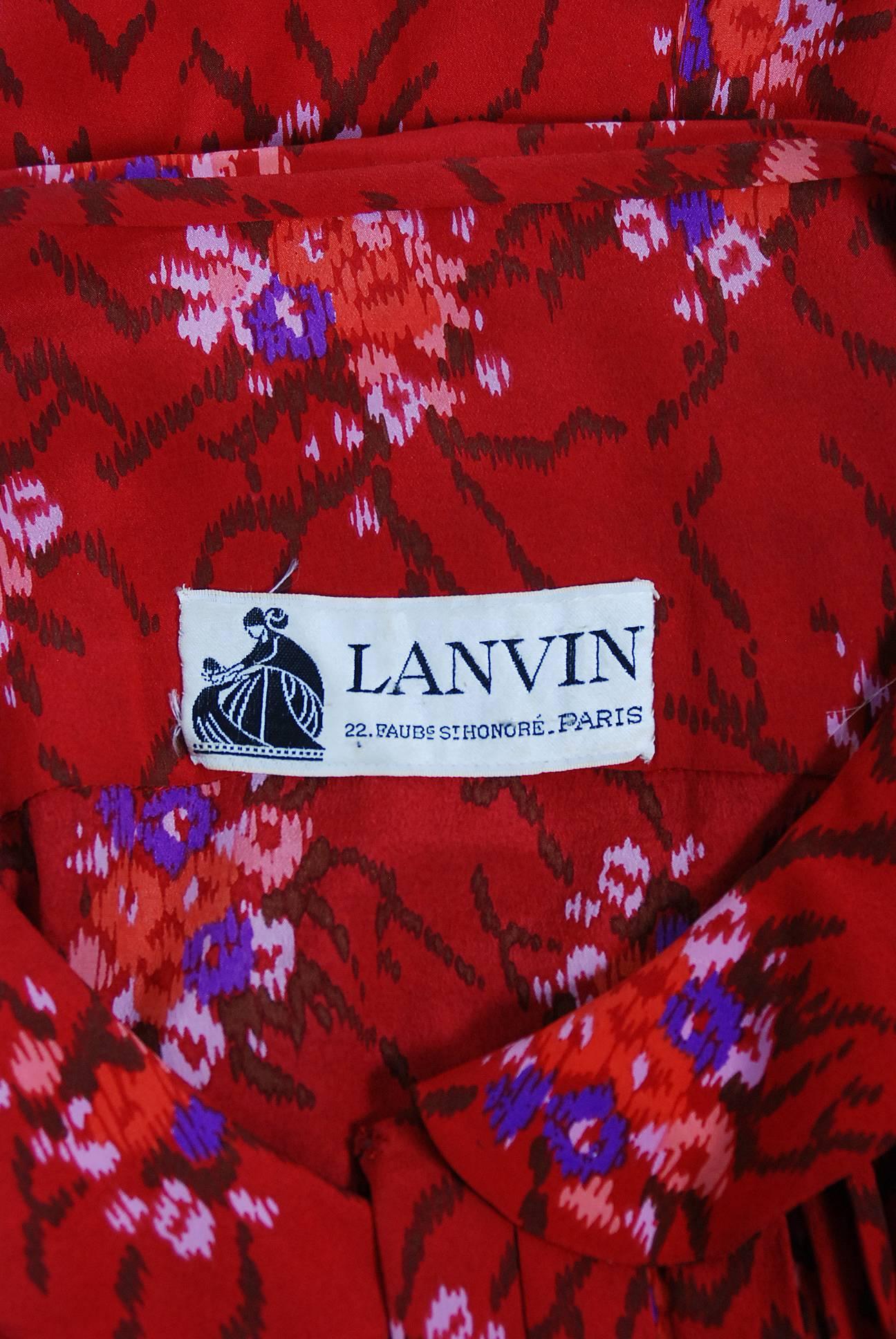 1977 Lanvin Haute-Couture Graphic Red Floral Silk Pleated Blouson Jumpsuit 2
