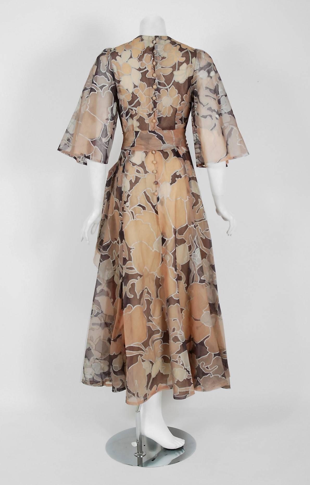 1975 Jean-Louis Scherrer Couture Metallic Bronze Floral Organza Belted Dress In Excellent Condition In Beverly Hills, CA