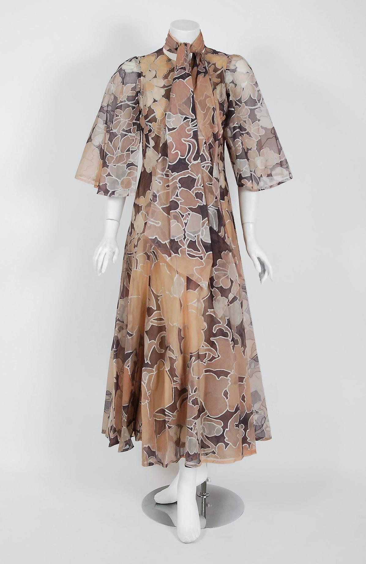 Brown 1975 Jean-Louis Scherrer Couture Metallic Bronze Floral Organza Belted Dress