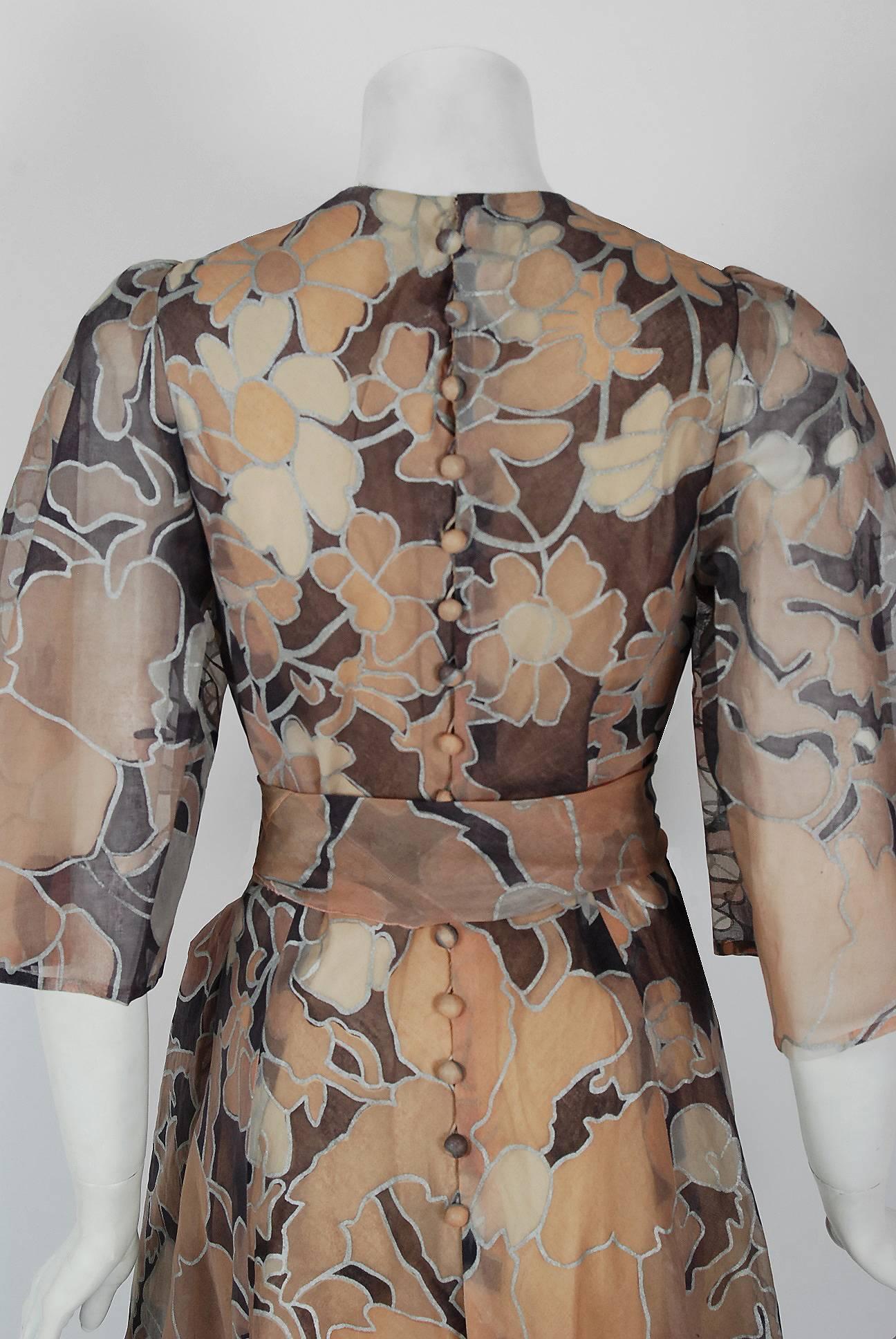 Women's 1975 Jean-Louis Scherrer Couture Metallic Bronze Floral Organza Belted Dress
