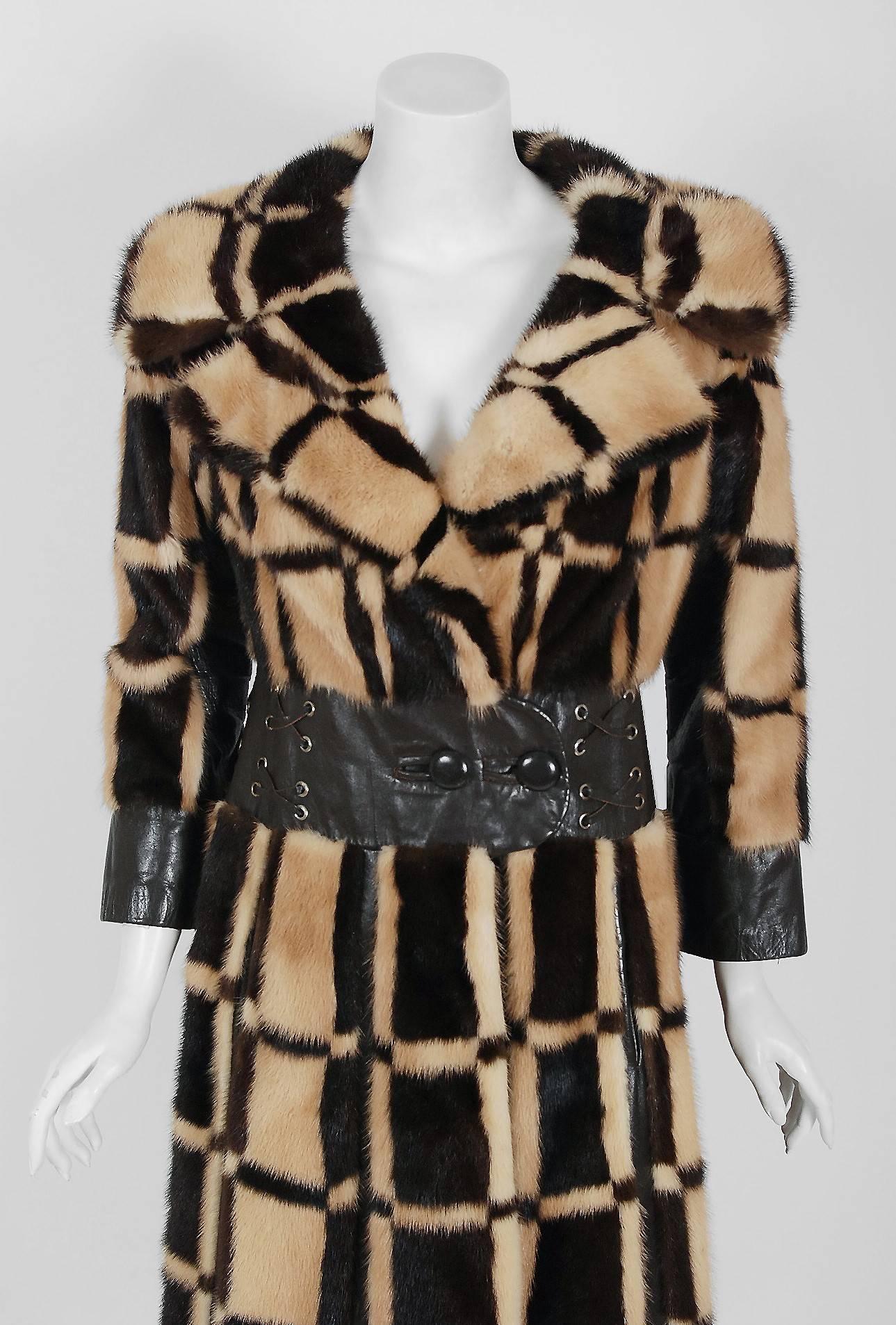 Exquisite Pierre Cardin designer genuine mink-fur and leather coat dating back to his 1972 Fall/Winter collection. The luxurious blonde and chocolate brown mink has been worked into an almost deco-square checkered pattern and the effect is really