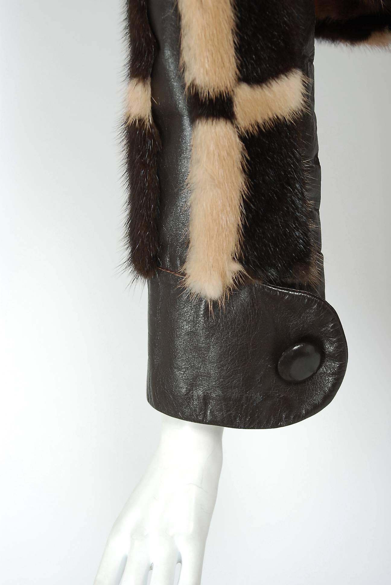 Pierre Cardin Graphic Block Color Mink Fur / Leather Grommet Princess Coat, 1972 In Excellent Condition In Beverly Hills, CA