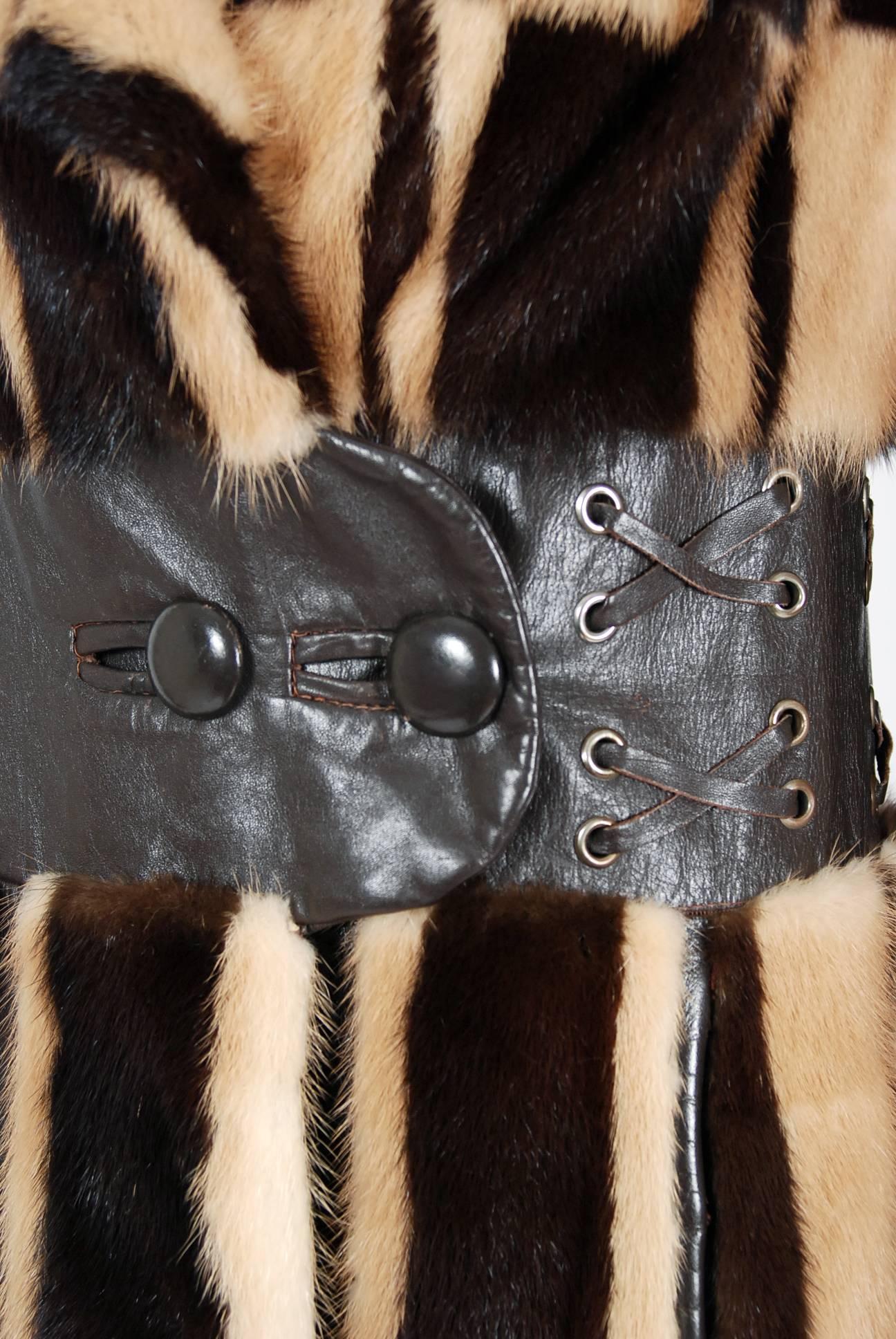 Black Pierre Cardin Graphic Block Color Mink Fur / Leather Grommet Princess Coat, 1972