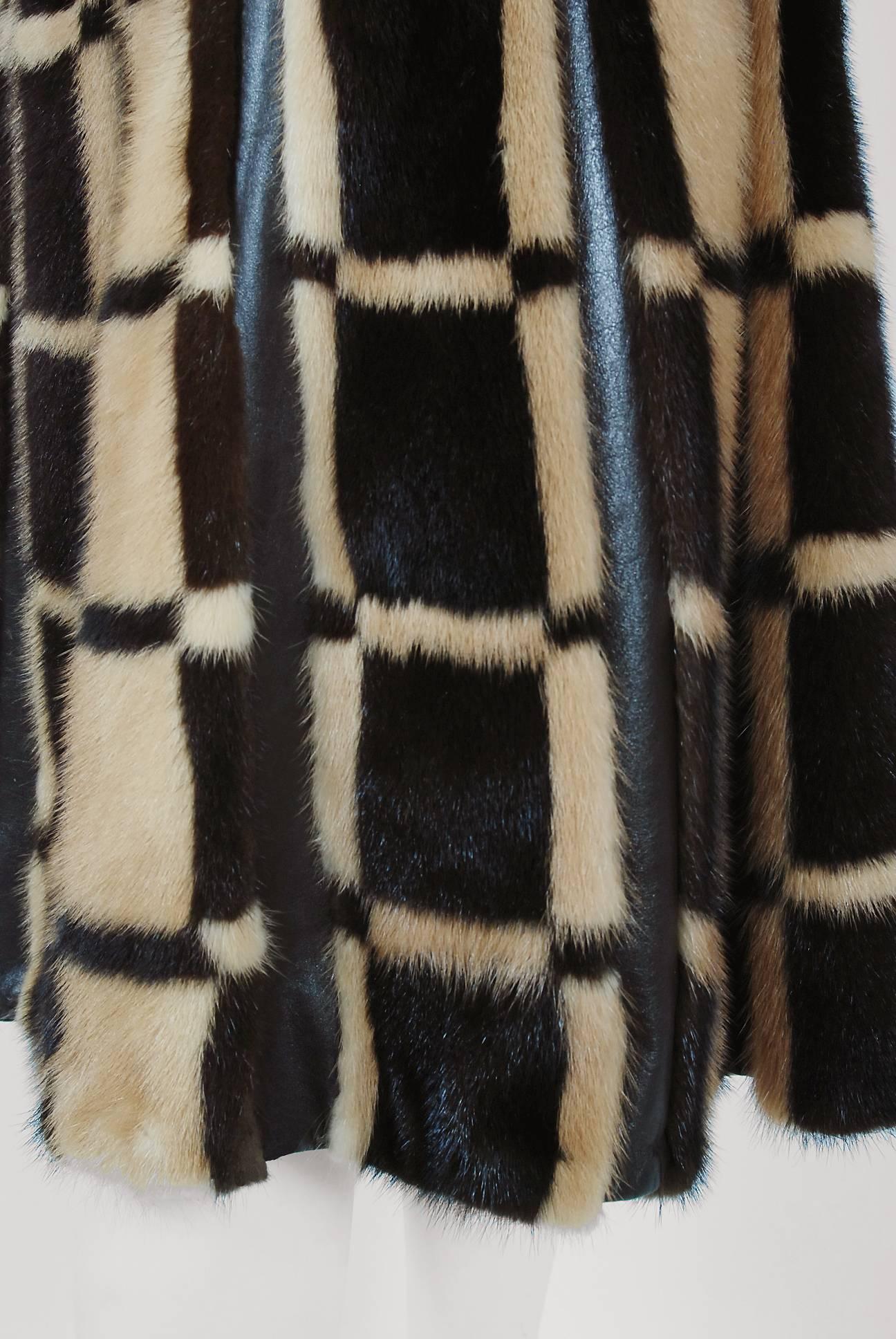 Pierre Cardin Graphic Block Color Mink Fur / Leather Grommet Princess Coat, 1972 1