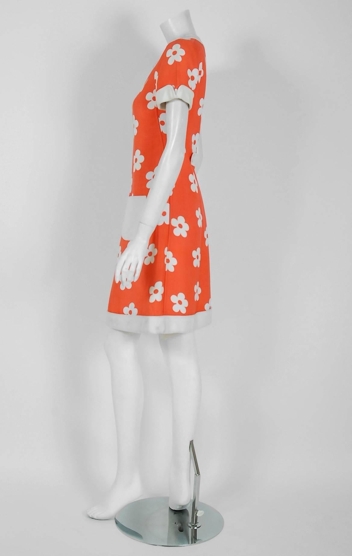 Red Vintage 1967 Courreges Couture Documented Orange Floral Print Silk Mod Dress