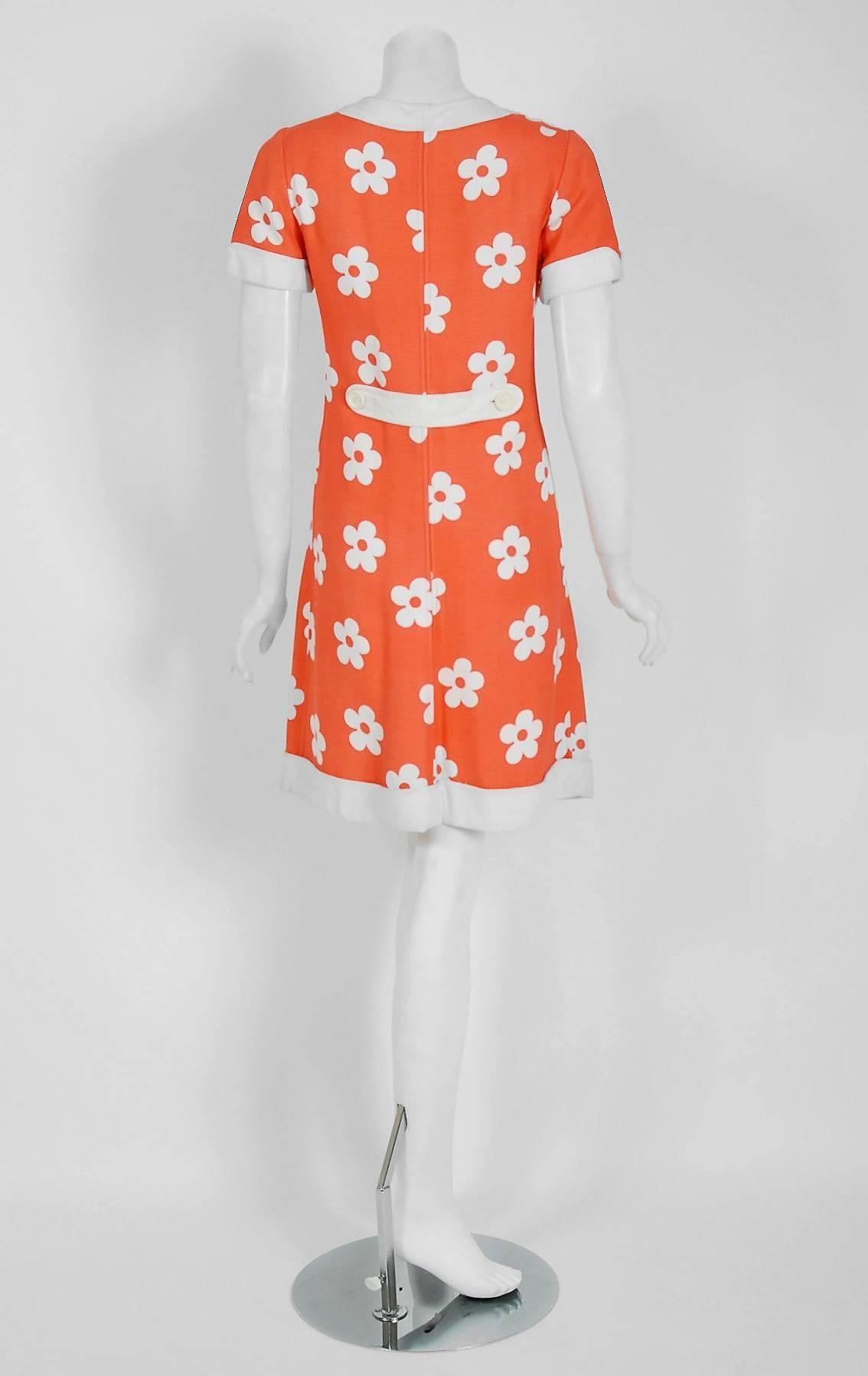 Vintage 1967 Courreges Couture Documented Orange Floral Print Silk Mod Dress In Good Condition In Beverly Hills, CA