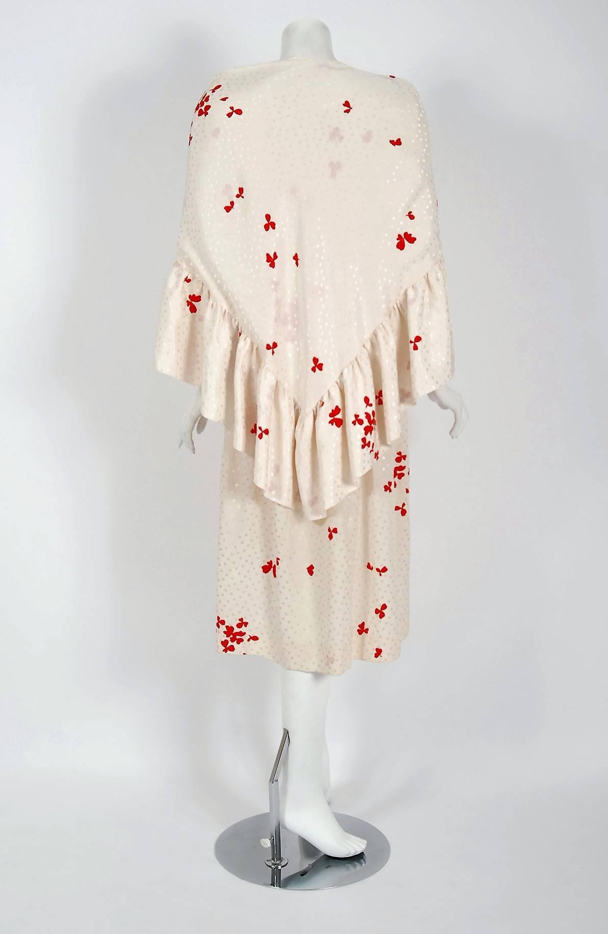 White Vintage 1978 Yves Saint Laurent YSL Haute Couture Ivory Print Silk Dress & Shawl For Sale